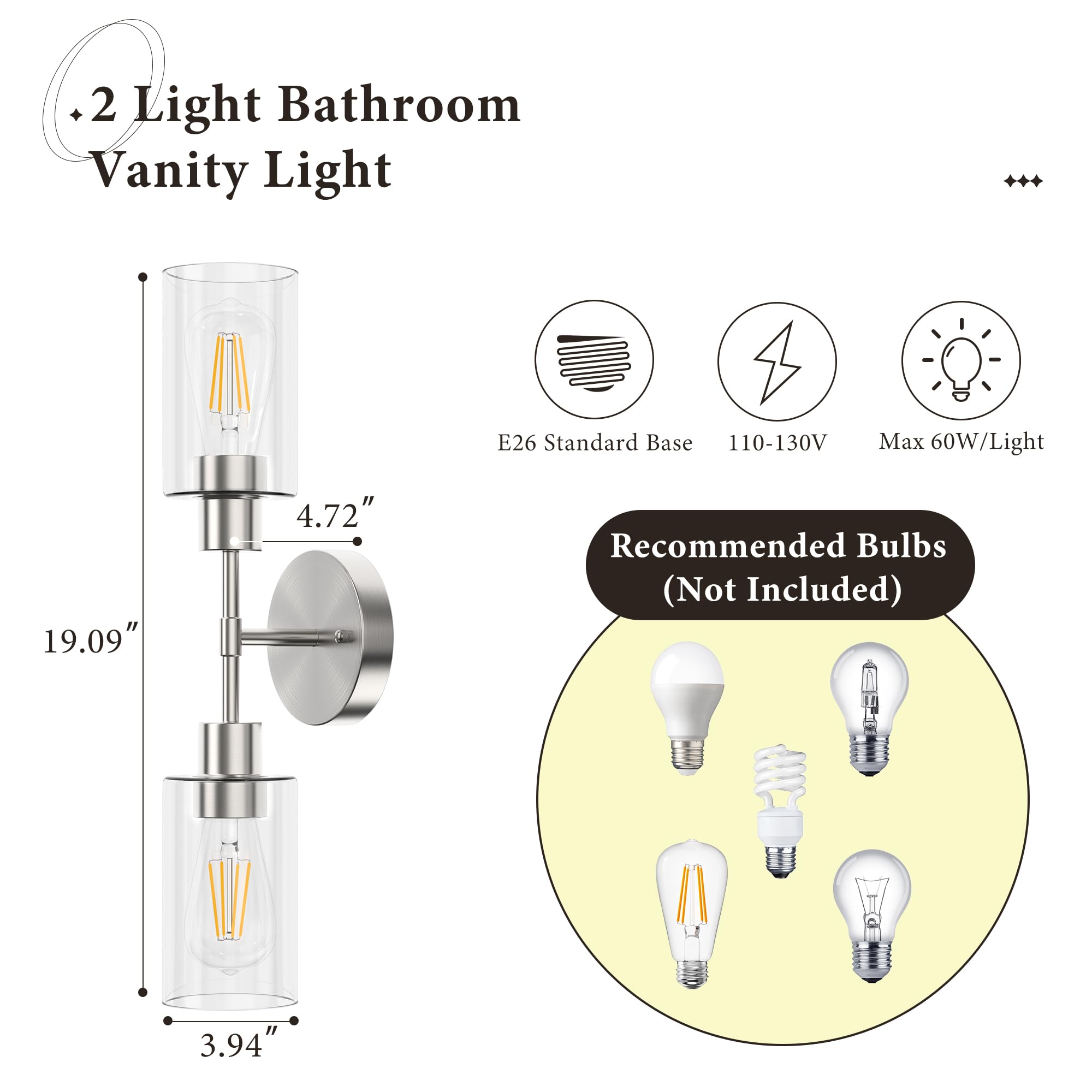 Espird Bathroom Light Fixtures 2 Light Brushed Nickle, Bathroom Vanity Lights Over Mirror, Bathroom Sconces Wall Lightingï¼ŒFarmhouse Bathroom Vanity Light, Modern Vanity Lights with Clear Shades