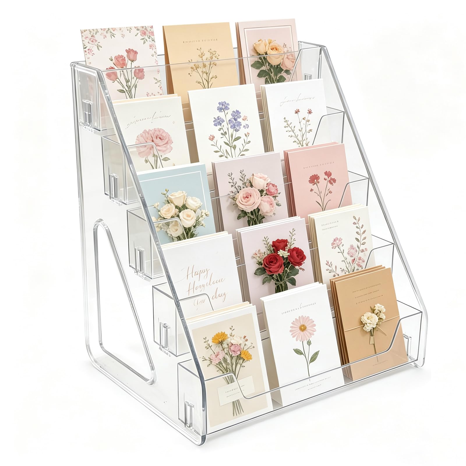 Xonww Transparent 5 Tier 12" Acrylic Greeting Card Display Stand, Clear Card Stands For Display Tiered Displayshelf For Trading Sports Cards Stickers Brochures, Easy Snap-On Design