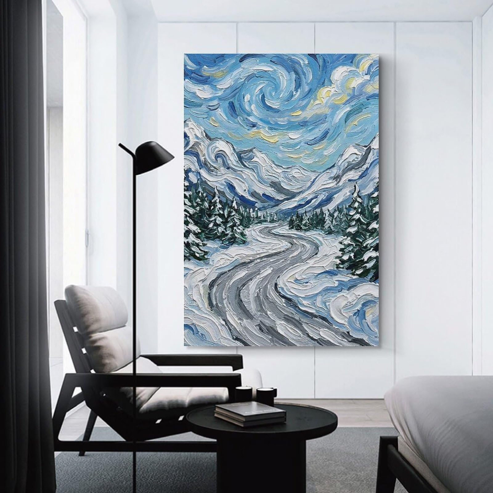 Junmoney Winter Mountain Road Impressionist Painting Home Decor Wall Art, 24x36inch(60x90cm), for Home Walls, Creative Rooms Or Shared Spaces, An Adaptable Decor Piece for Home Use
