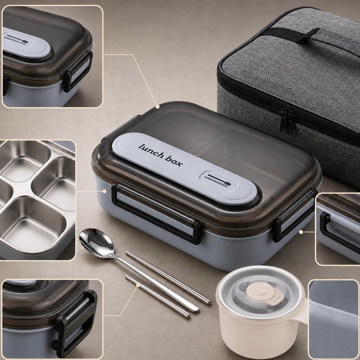 Porta Pranzo Termico in Acciaio Inox 316 con Riscaldamento Acqua Calda per Impiegati e Studenti, Set Completo con Borsa e Posate, color to 1