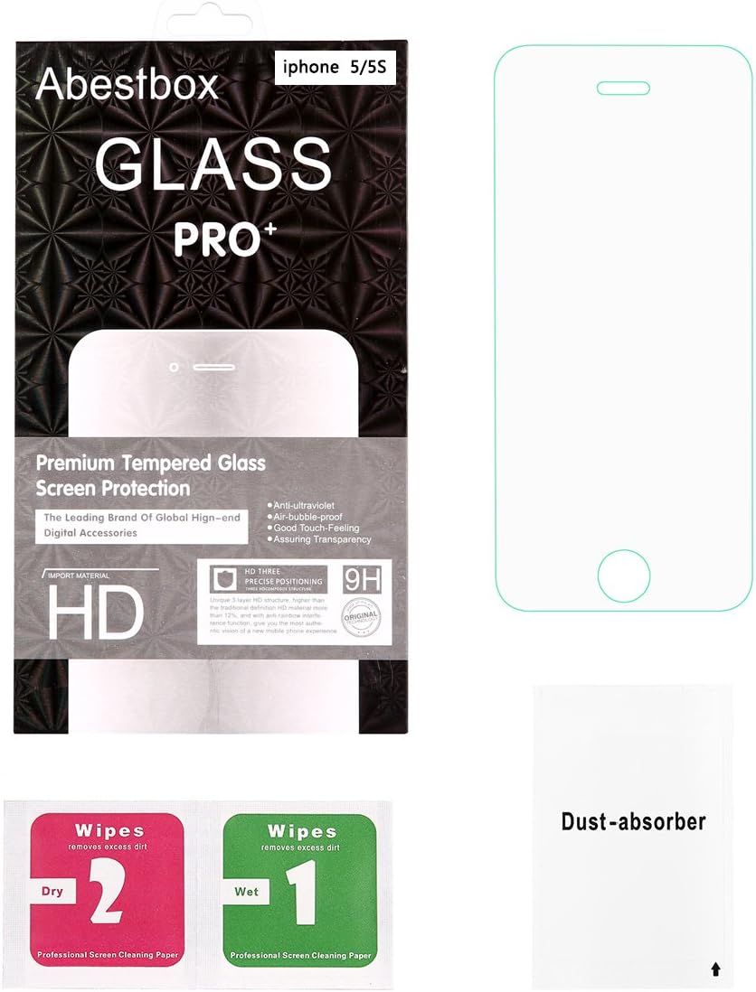 iPhone SE 5 5c 5s Glass Screen Protector, Abestbox 9H HD Premium Tempered Glass for iPhone5S/ SE/ 5C/ 5, Ultra Thin (0.26mm), 99.9% Light Transmission, Most Durable