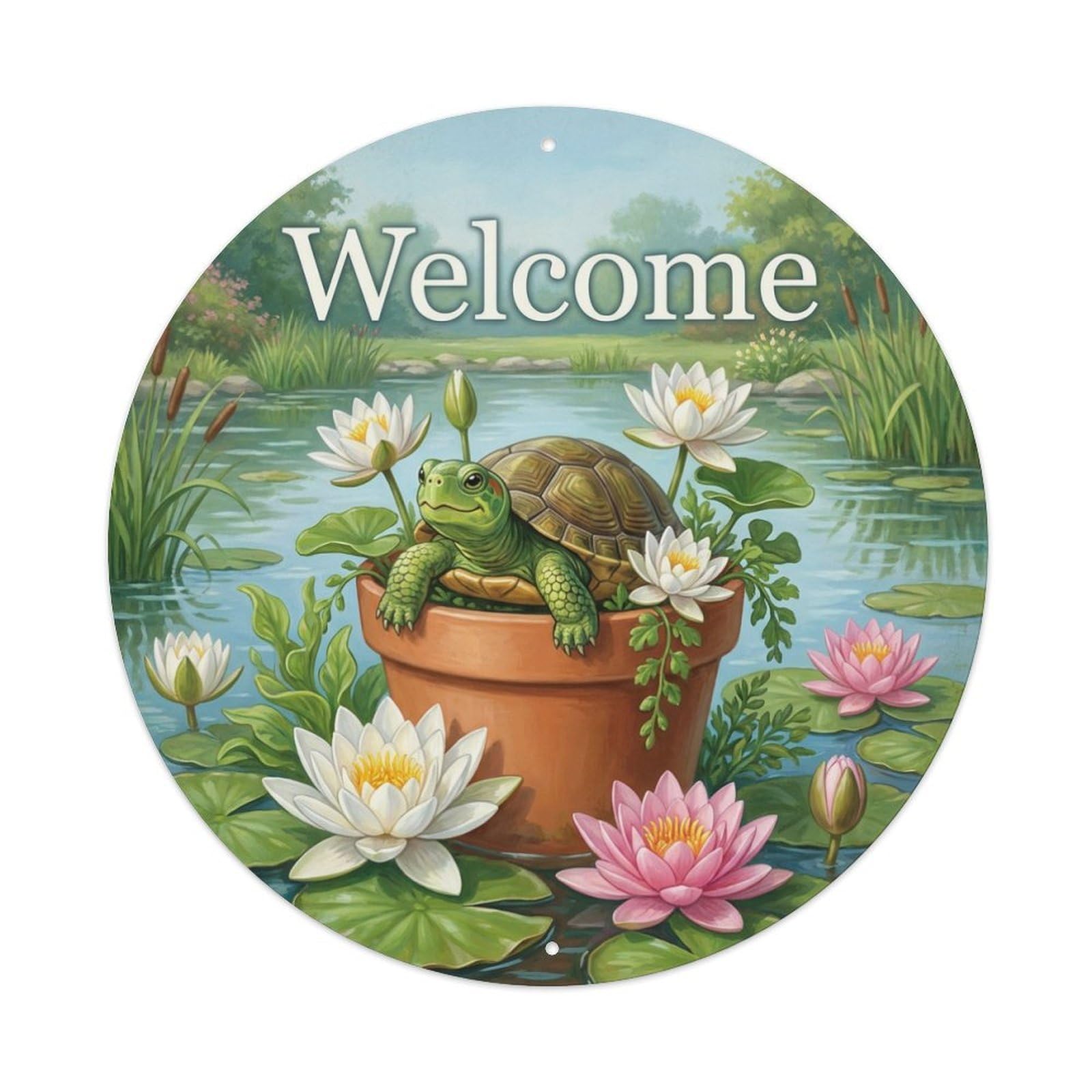 Metal Tin Sign Welcome Turtle Garden Pond