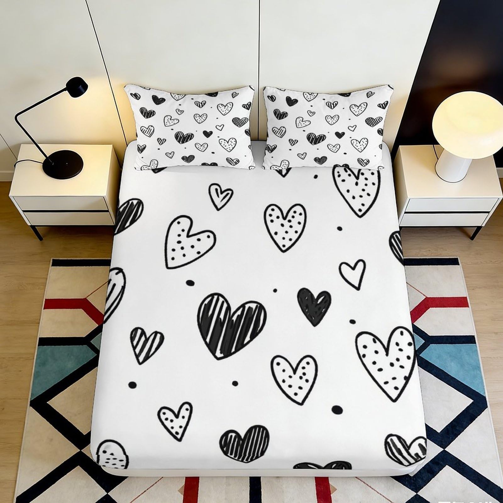 Pnayamiorkfel Style-7 3D Printed Hand Drawn Heart Fitted Sheet Microfiber Black White Doodle Bed Cover For Bedroom Dorm Mattress Decor 90X200x25cm