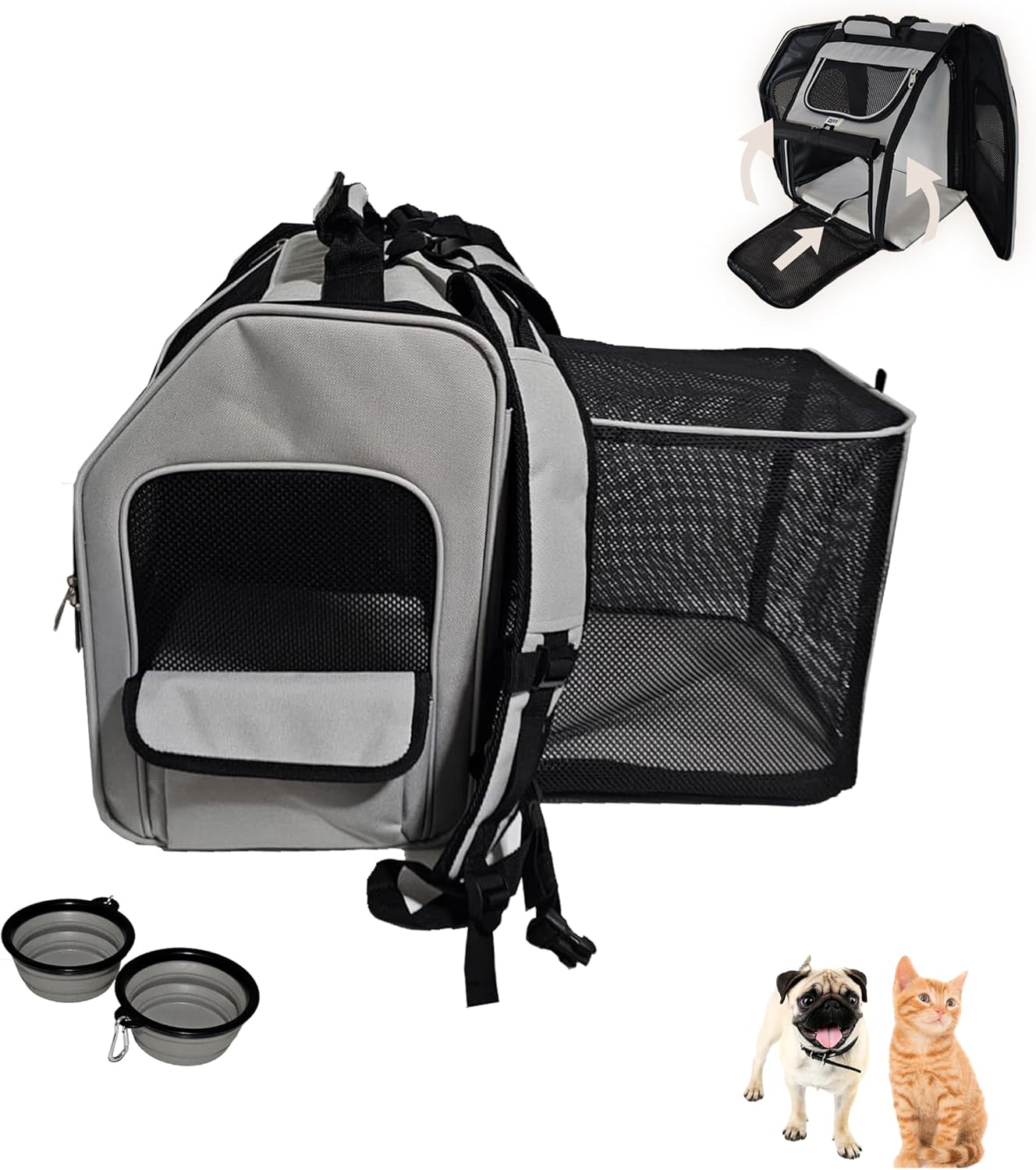 Expandable Pet Backpack Carrier – Dog & Cat, Bonus 2 Collapsible Pet Bowls, Travel Bag with 4-Way Entry, Mesh Windows, Storage Pockets, Secure Zippers, Washable Cushion