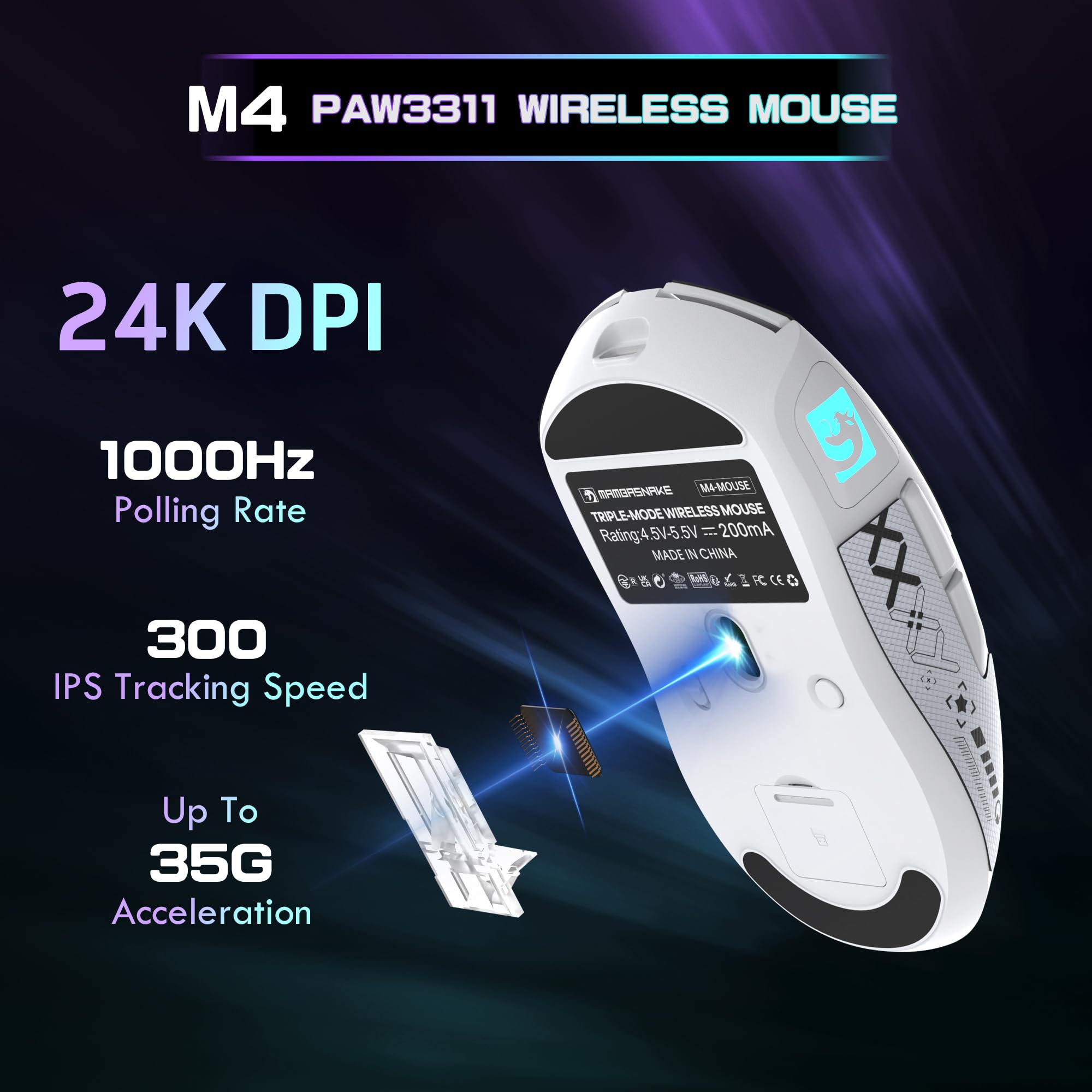 MAMBASNAKE M4 Mouse Gaming Wireless Ultra-Leggero, 53g, Sensore PAW3311, 24000 DPI, Bluetooth/2.4G/Cablato, RGB, Batteria 400mAh, 20M Click, per Gioco/Lavoro (Bianco-B)