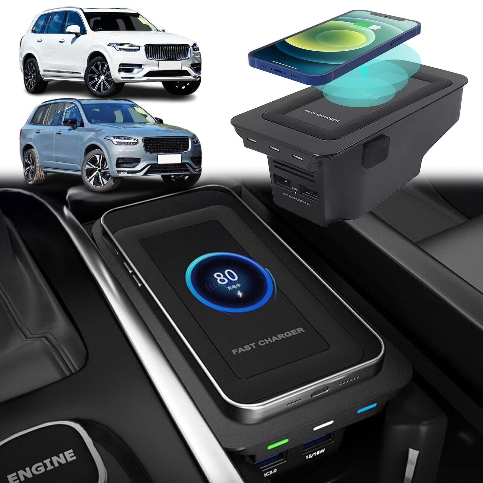 Bezprzewodowa ładowarka Samochodowa do Volvo 2015-2024 XC90, 2018-2024 XC60, 2016-2024 S90 i V90, 2018-2023 V60, 2020-2023 S60 z 27W Podwójnym Portem USB, Szybka ładowarka do i-Phone Sam-sung