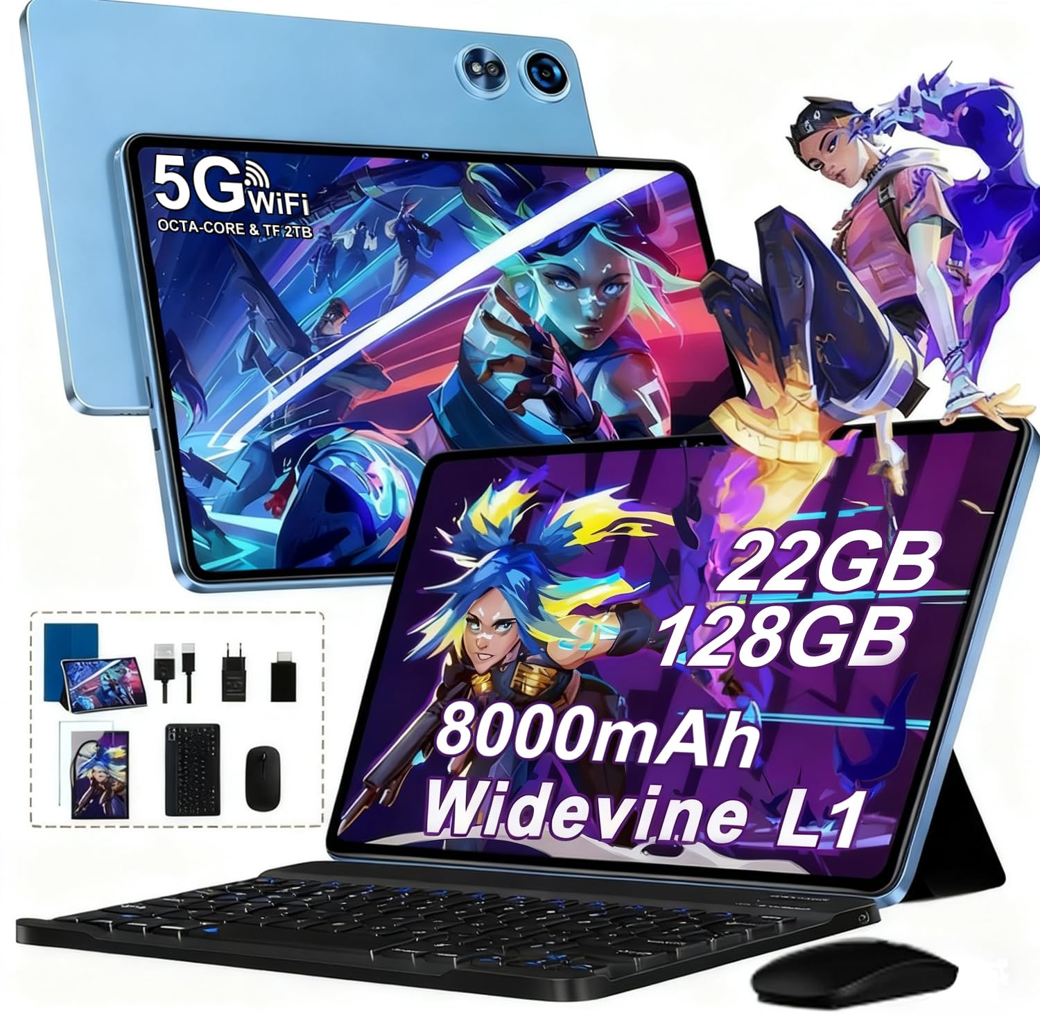 UJJ Tablette 10" Android 14 avec Octa-Core 2.0 GHz, 22 Go de RAM + 128 Go de ROM TF 1 TB, 5G WiFi, Bluetooth 5.0, 8000 mAh, Widevine L1, 5 MP + 8 MP, FHD, GPS, tablette 2 en 1 avec clavier et souris -