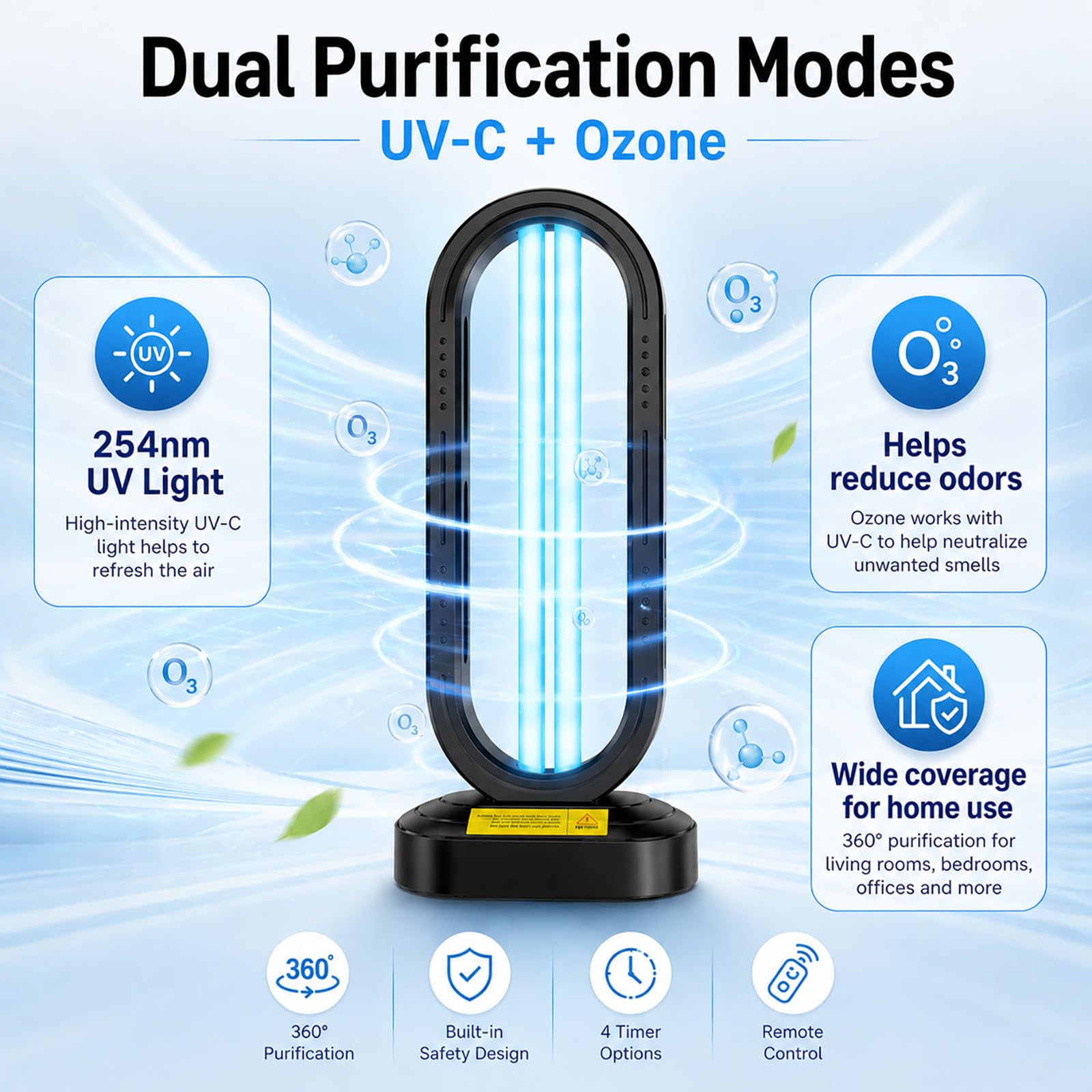Feefir Desinfectante de luz UV, temporizador de 4 velocidades y control remoto, dispositivo de desinfección UVC para el hogar, desinfectante portátil de luz ultravioleta para ácaros del polvo, lámpara