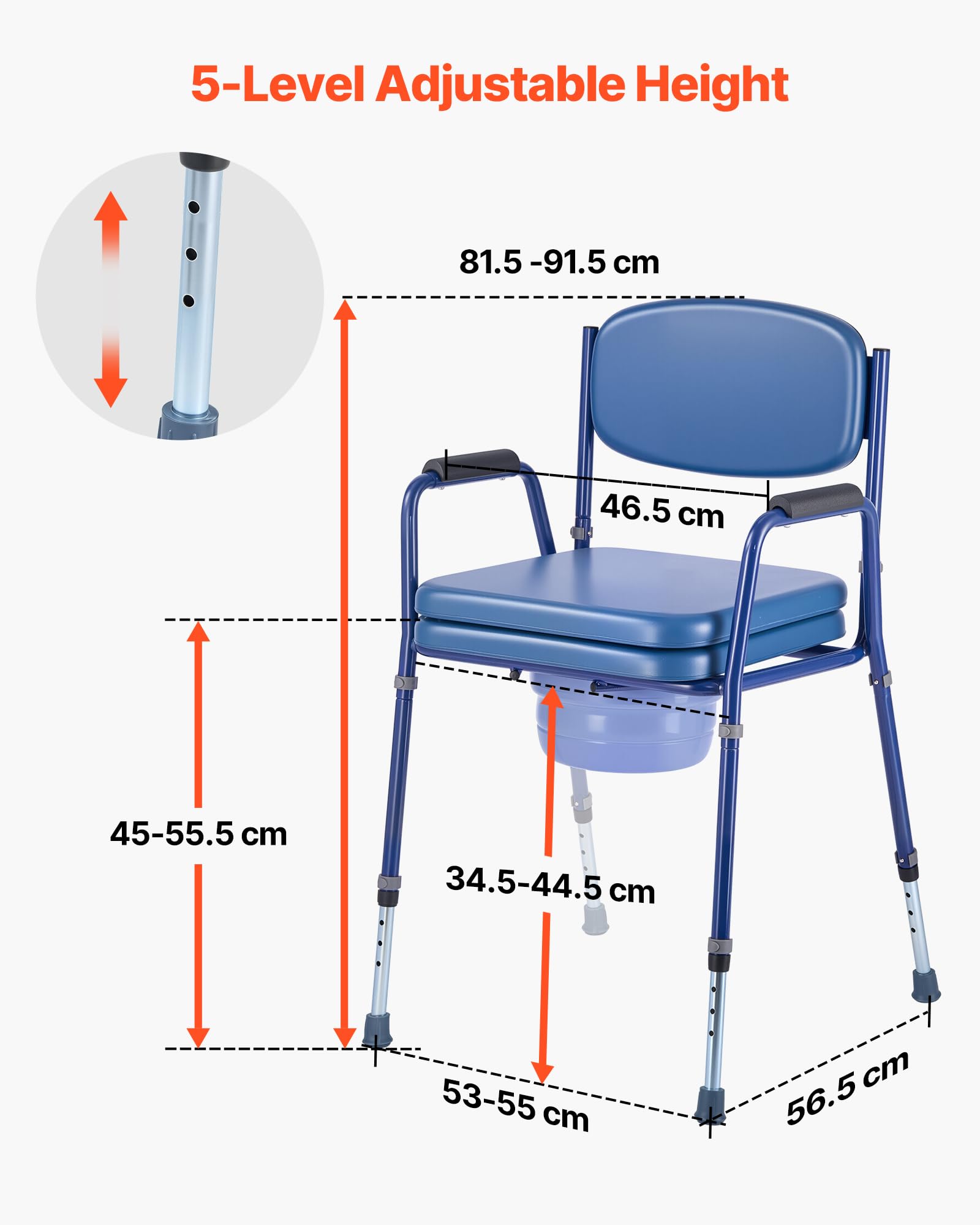 VEVOR Sedia Comoda da Comodino, Capacità 181 kg, WC Sedile Rialzato con Seduta e Schienale Imbottiti, Secchio Rimovibile 5 L, Sedia da Vasino per Adulti Regolabile in Altezza per Anziani