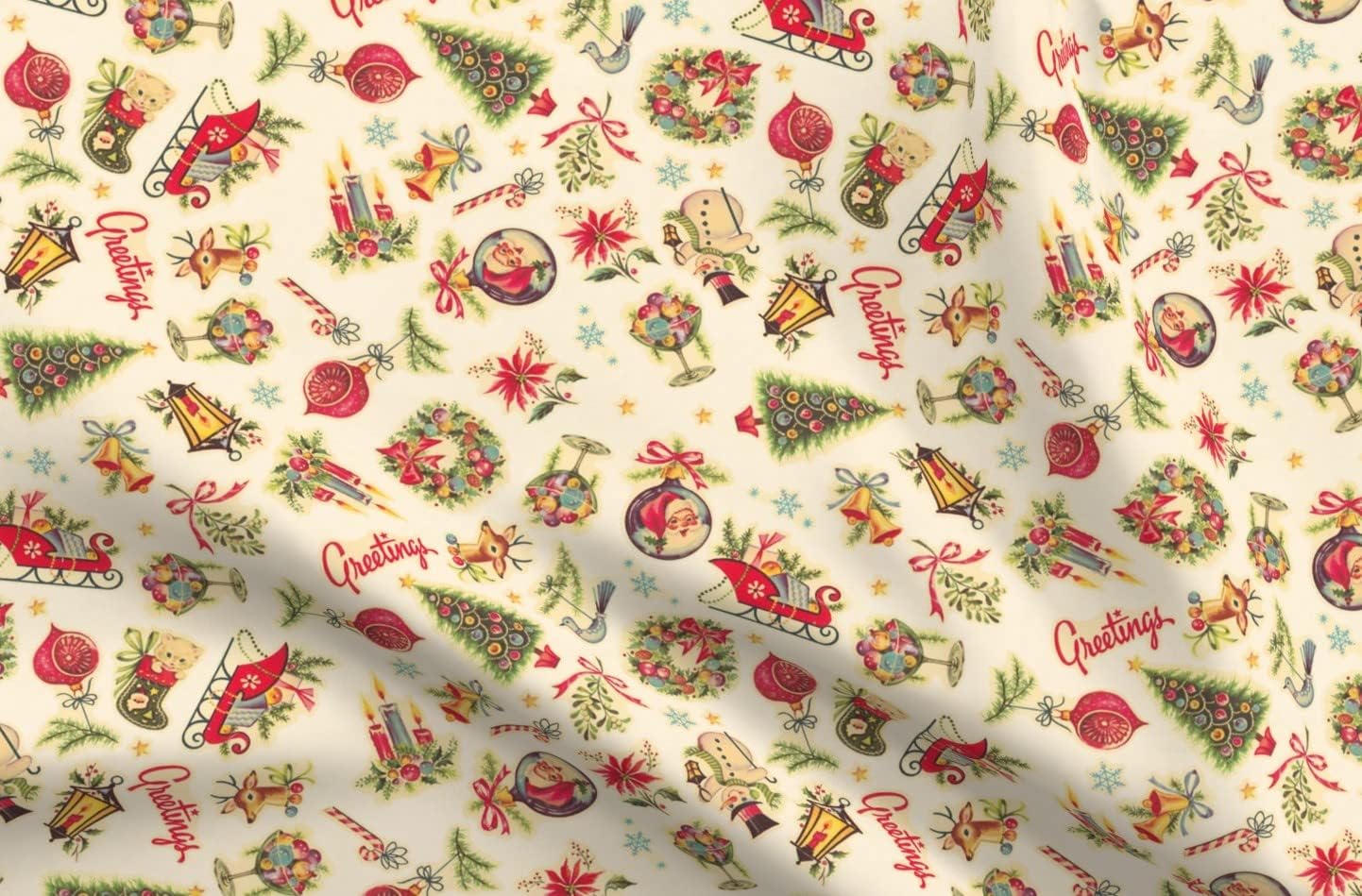 Spoonflower Fabric - Retro Decals Vintage Xmas Holiday Tree Candycane Ornaments Santa Printed on Minky Fabric by The Yard - Sewing Baby Blankets Quilt Backing Plush