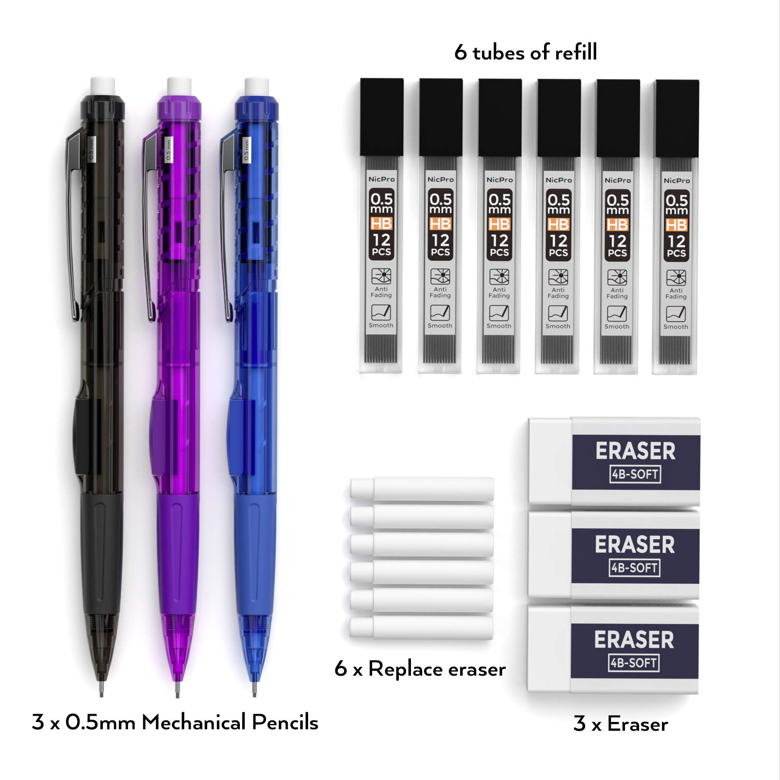 Nicpro 0.5 mm Mechanical Pencil Set, 3 Colors Pencil with 6 Tubes Lead Refill, 3 Eraser, 6