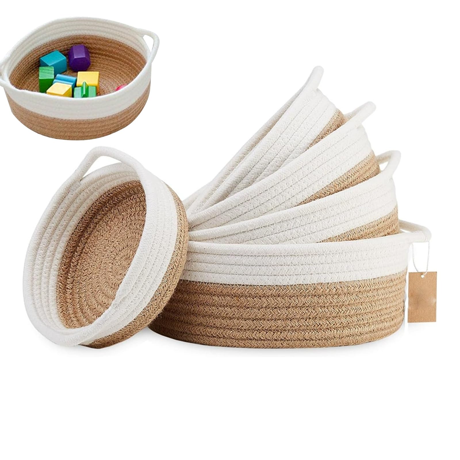 Set of 5 Storage Basket Woven Cotton Rope, Shelf Baskets with Handles for Toy Bathroom Storage, Decorative Basket Organizer Bins for Make up Cupboard Drawer Closet