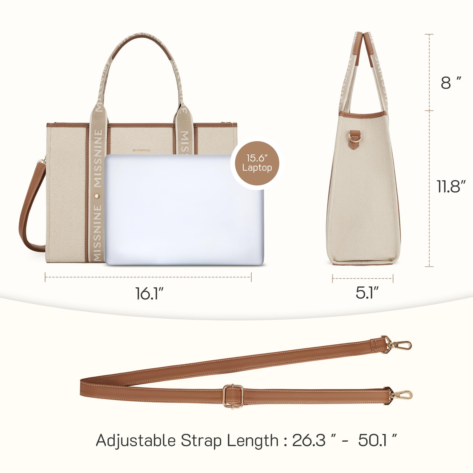 Missnine - Bolsa de lona para portátil de 15.6 pulgadas para mujer, gran capacidad, para oficina, escuela, viajes