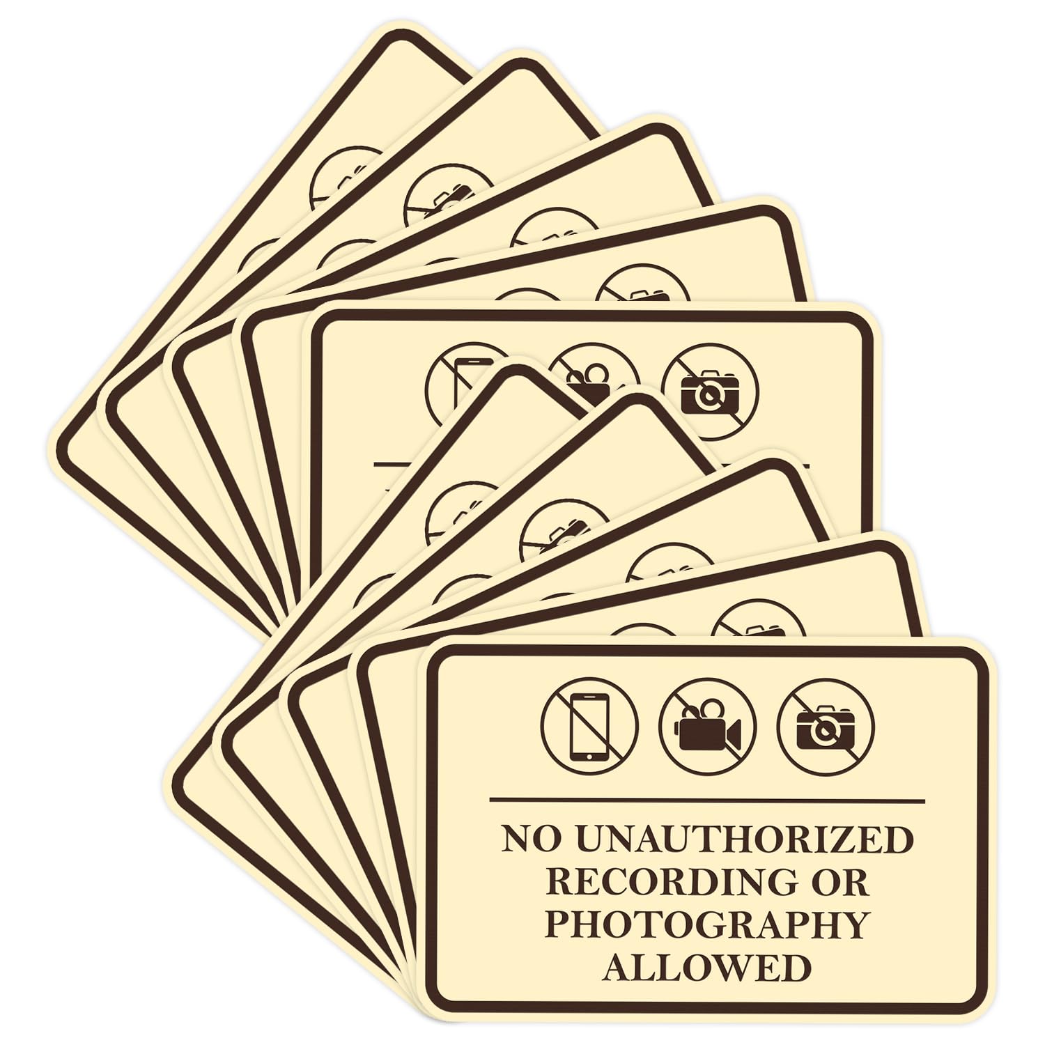 Classic Framed No Unauthorized Recording or Photography Allowed Door or Wall SignDurable Material | Easy Installation (Ivory/Dark Brown) - Large (10 Pack)