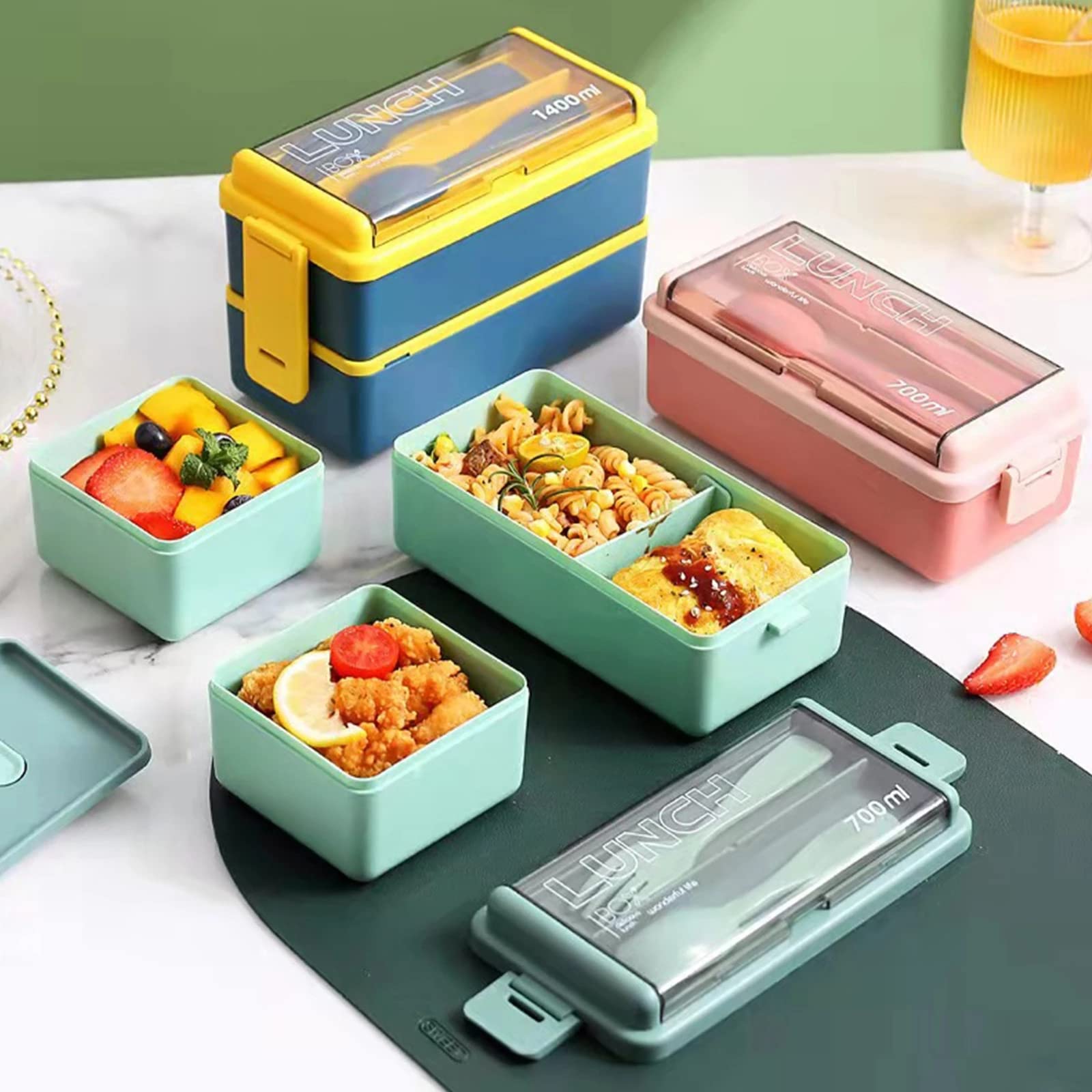pudełko na lunch, Bento Box dla chłopców z przegródkami na sztućce Szczelny dwuwarstwowy plastik nadaje się do mikrofalówki szczelny