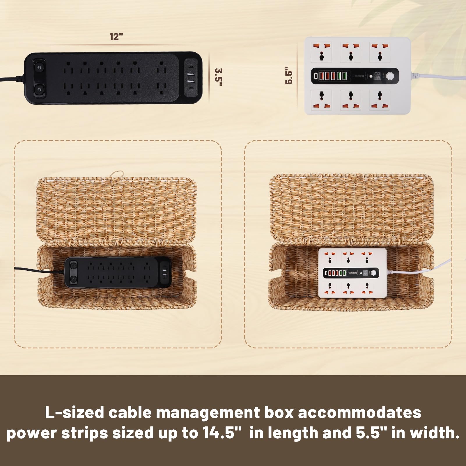 Brownlily - Caja de gestión de cables, organizador de cables estilo ratán para cables de ordenador, toma de cables de ordenador, apto para bebés, para regletas, TV,
