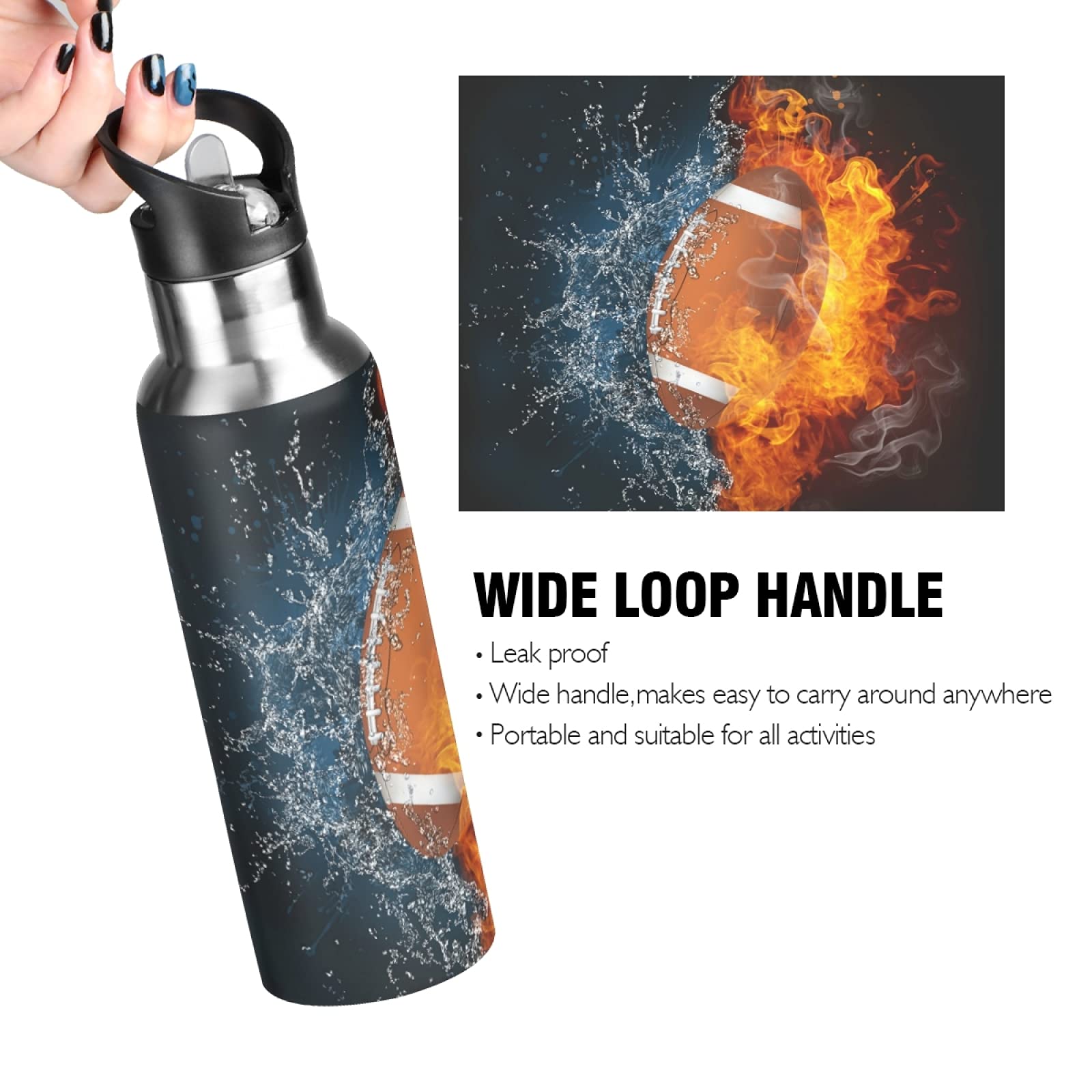 Vnurnrn Calcio Calcio Verde Illustrazione Bottiglia Acqua Acciaio Inox, Isolato Borraccia Termica Senza BPA 600ML per Bevande Calde e Fredde per Bambini Sport Ciclismo Scuola