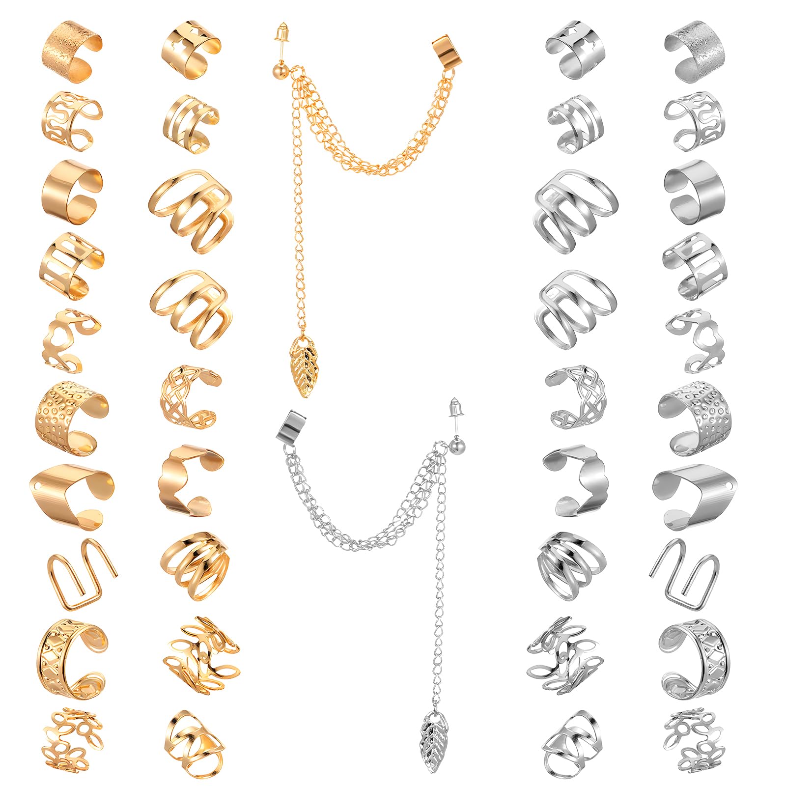 60 Pcs Ear Cuff Earrings for Women Non Piercing Ear Cuffs Ears Clip on Cartilage Earring Adjustable Fake Earrings Ear Wrap Earring Jewelry for Helix Cartilage, Silver Gold