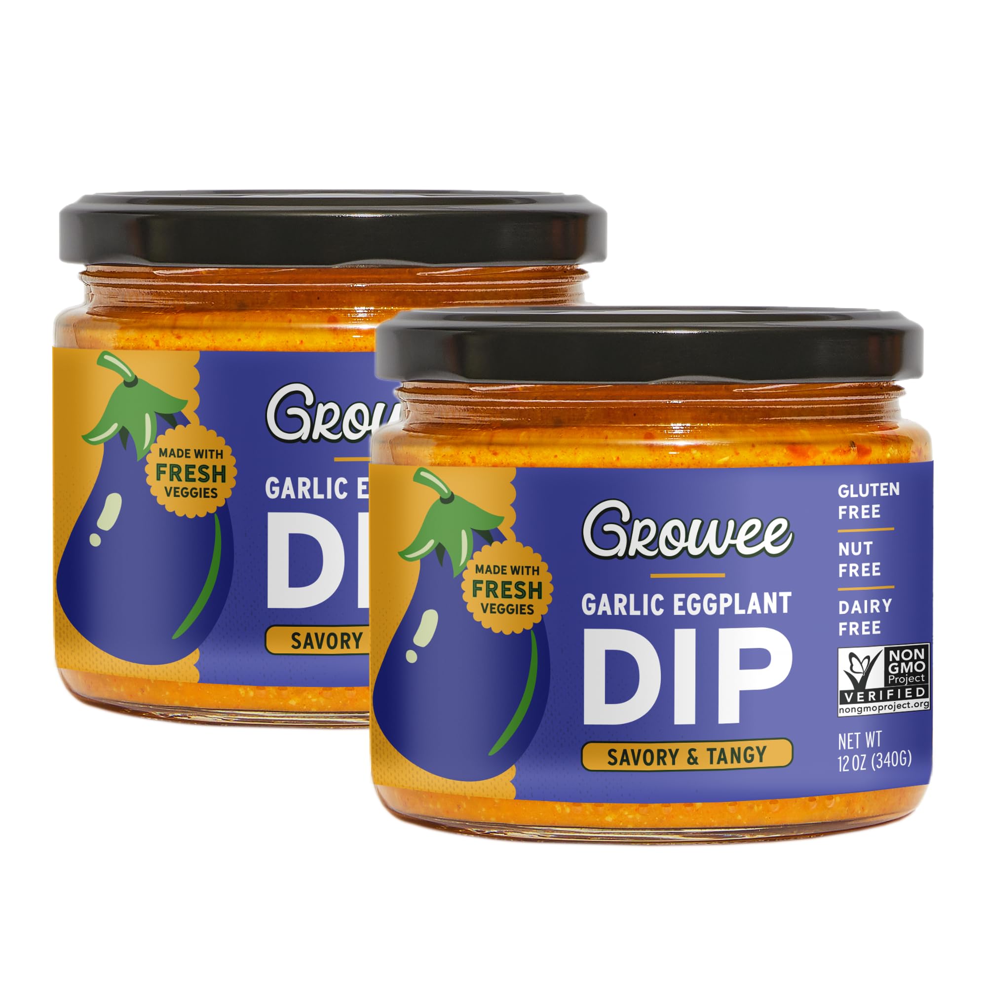 Growee Vegan Garlic Eggplant Dip (2 Pack) | Nut-Free, Gluten-Free & Dairy-Free Spread | Plant-Based Cheese, Mayo, Hummus & Vegan Sauce Alternative for Bread, Crackers, Pizza & Pasta | Made with Fresh Veggies Garlic Eggplant Pack of 2 (12 Oz each)