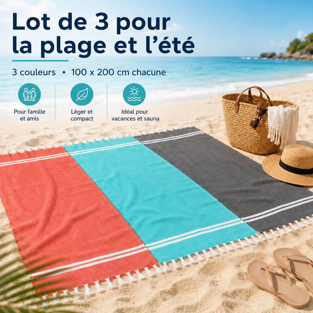 Mon Bijou Set de 3 foutas XXL 200x100 cm – Serviette hammam/Plage – LÉGÈRE, Grand Format, SÉCHAGE Rapide – Bien-être, Sport, Voyage – Stimio