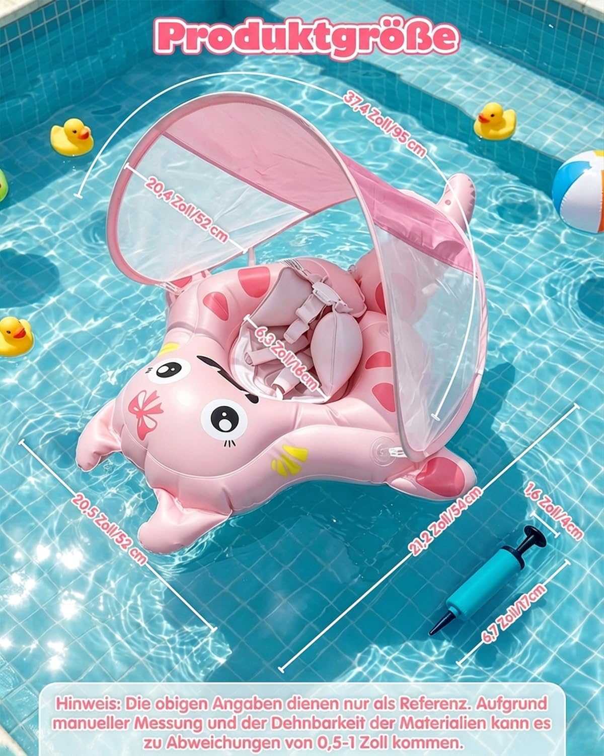 Baby Schwimmring mit UPF50+ Sonnendach Entfernbar, Rosa Premium Baby Float, Schwimmhilfe verstellbare Schultergurte, Schwimmtrainer, mit aufblasbarer Swimming Float für ab 6-36 Monate(7-16kg)