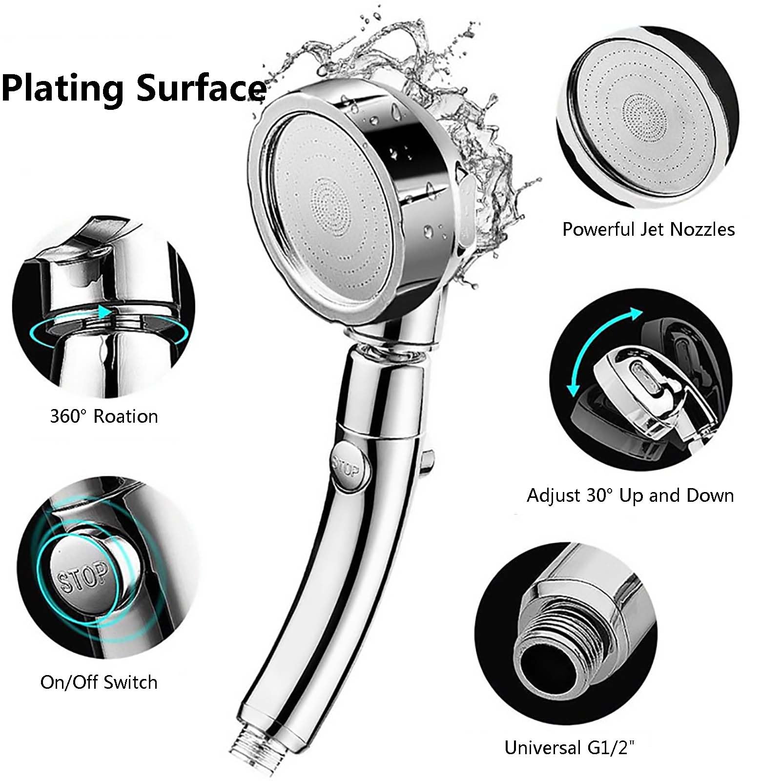 HAILM Pommeau Douche Pression 4 Modes, avec Interrupteur on/Off, Tuyau Acier Inoxydable Extra Long 6,6ft et Support Douche, pour Bains/Bateaux/Camping-Car/Salons Coiffure