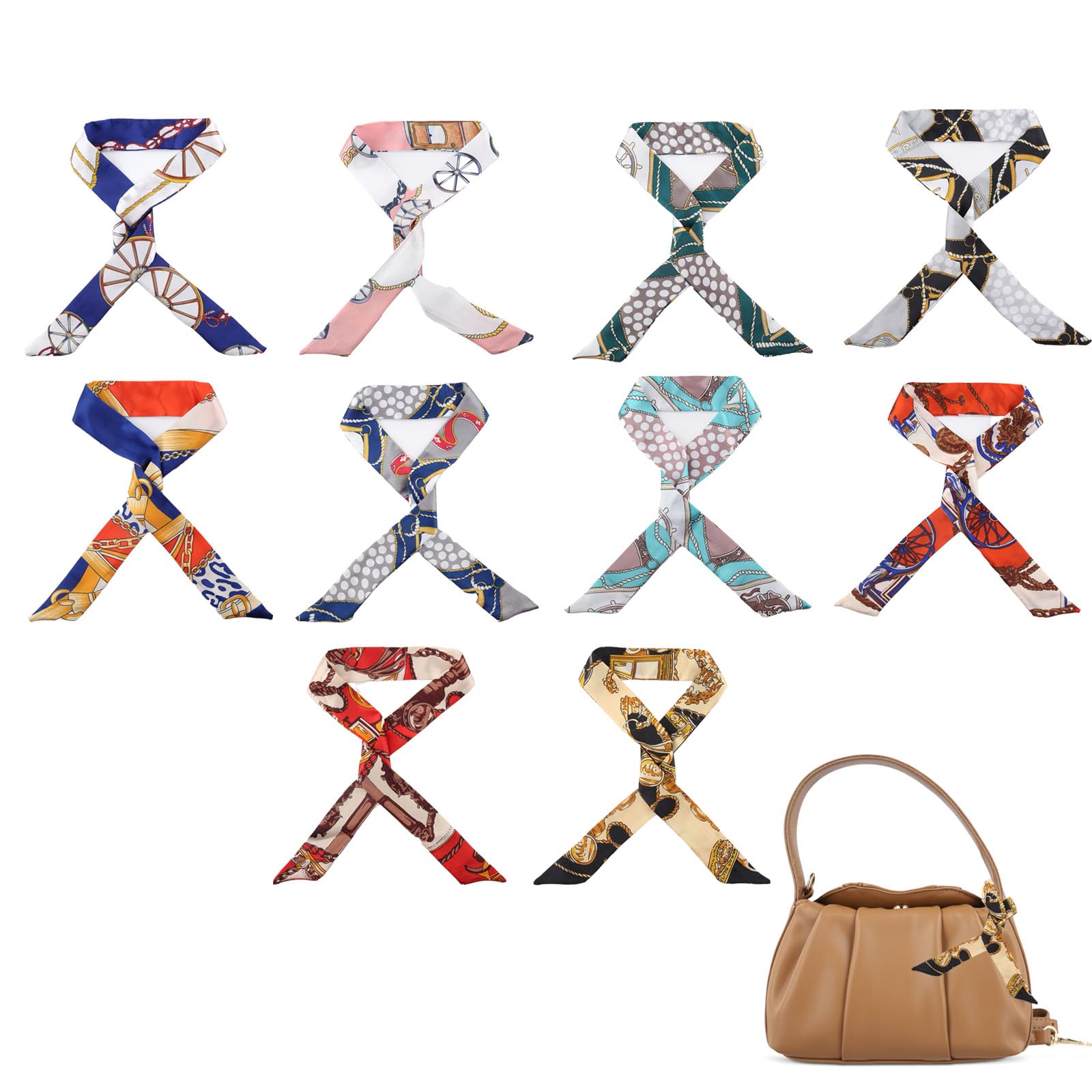 foulard da borsa donna 10 pezzi sciarpa raso seta elegante 90x4 cm accessori moda per capelli collo borsa regalo fashion