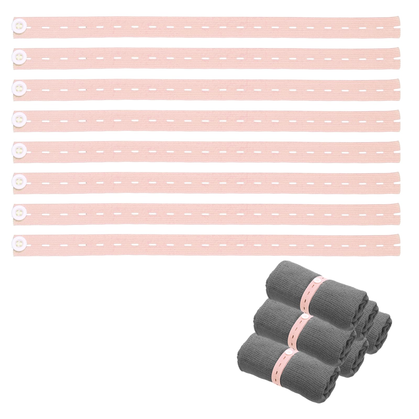 sourcing map 15Pcs Roll-up Clothes Storage Elastic Band, Adjustable Clothing Storage Strap with Button Travel Luggage Space Saver for Drawer Closet Bedsheet Towel Pants, Light Pink