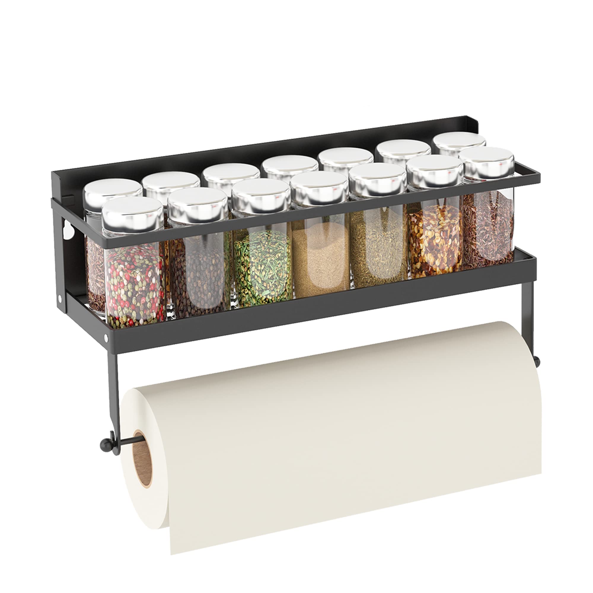 Sleclean Magnetic Spice Rack Organizer for Refrigerator, 1 Pack, Paper Towel Holder with Hooks, Multi Use Kitchen Shelf, 12.8"x4.3"x6.3", Black