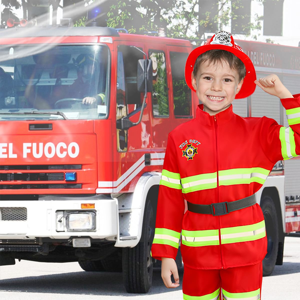 Costume da Pompiere per Bambini, 12pcs Giochi di Ruolo per Bambini Costumi di Halloween, Giocattolo per Bambini dai 2 - 3 Anni per Feste in Maschera, Esercitazioni Antincendio, Scuola e Casa (100cm)