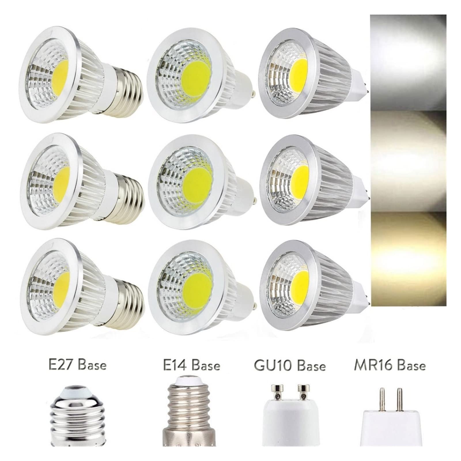 10X Bombillas Led Regulables GU10 E27 E14 MR16 AC DC 12V LED COB Foco 6W 9W 12W 220V 110V Foco de luz lámparas de Alta Potencia (Color : E27, Size : Cold WHITE-NO-6W)