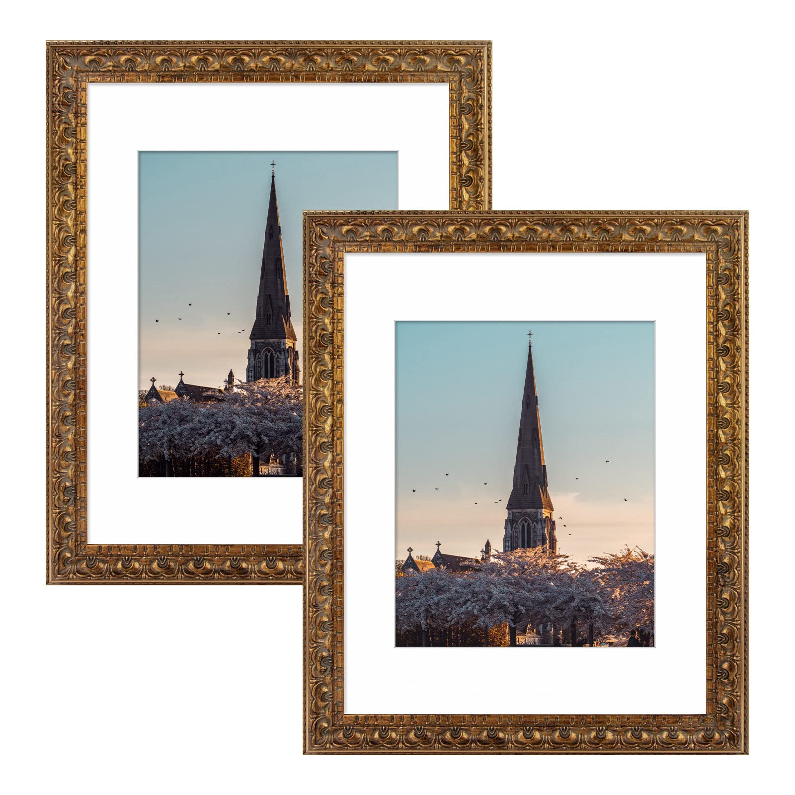 AUEAR, 11 x 14 Cornice portafoto con finitura decorativa, con tappetino bianco per foto 8 x 10 e vetro reale, colore: bronzo (confezione da 2