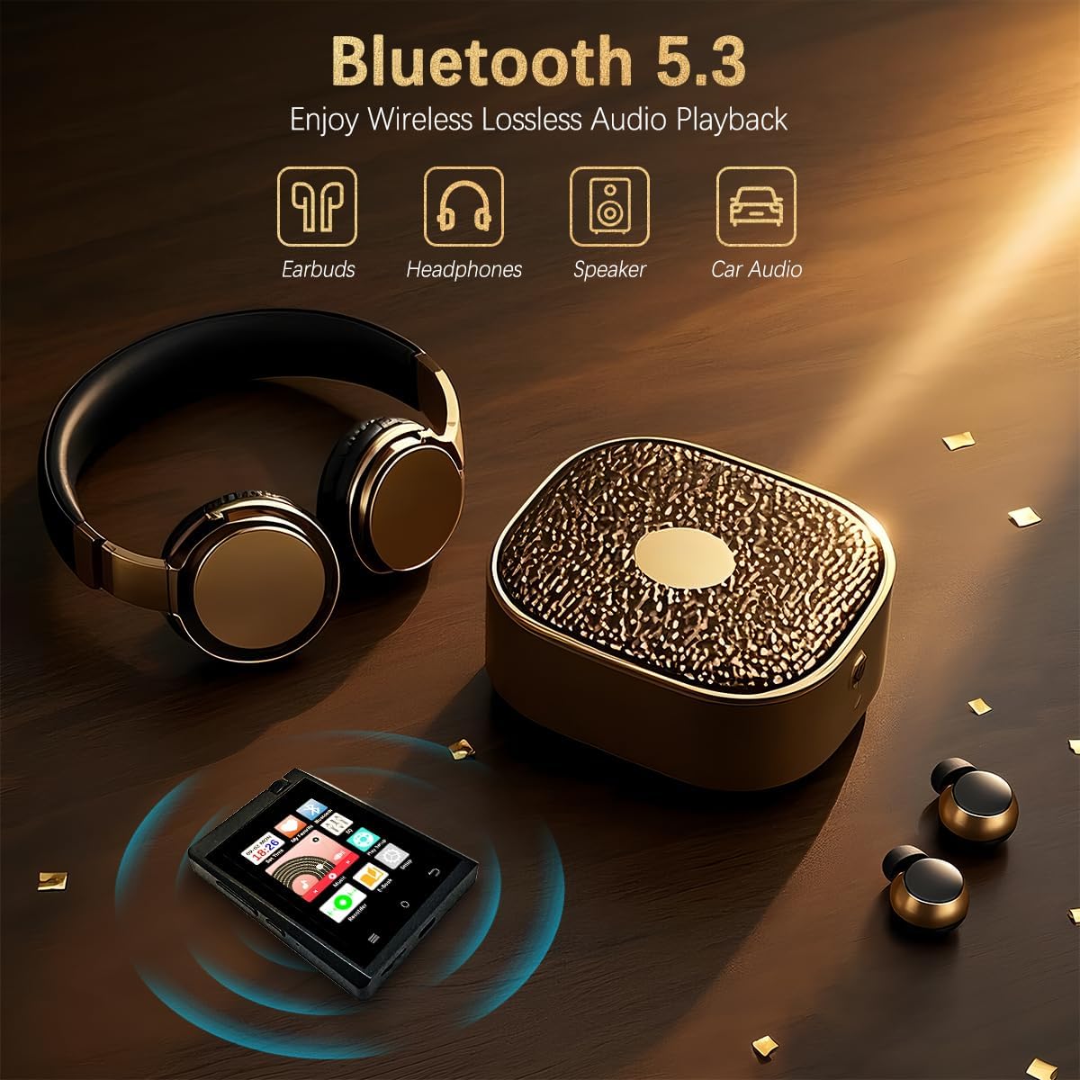 CCHKFEI M22 MP3 Player with Bluetooth 5.3 logo, showing connections to earbuds, headphones, speakers, and car audio.