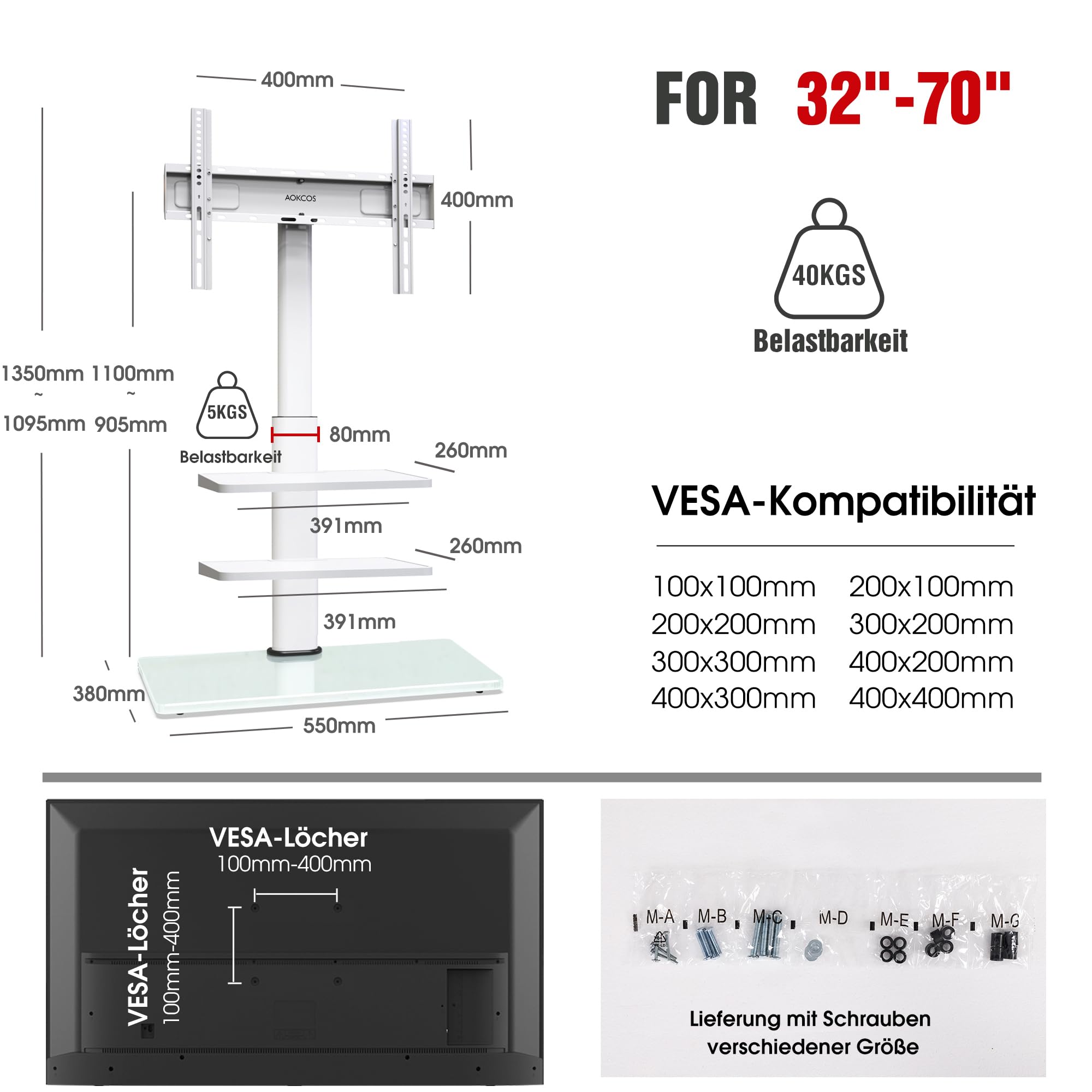 AOKCOS TV Ständer für 32-70 Zoll Flach&Curved Fernseher, TV Bodenständer Höhe 1350mm, Höhenverstellbar Schwenkbar Neigbar Fernsehständer 3 Stufigen Regalen, Max.VESA 400x400mm bis zu 40kg (Weiß)