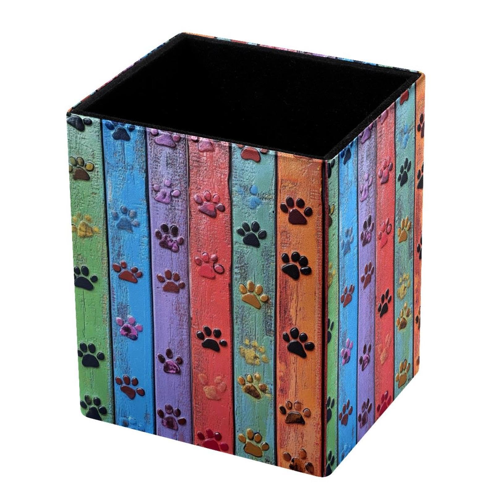 FWJZDSP Desk Pen Holder, Colorful Paw Prints Wooden Pencil Organizers, Pencil Holder Pencil Case Cup Pencil Bag for Desk Office Pen Case for School