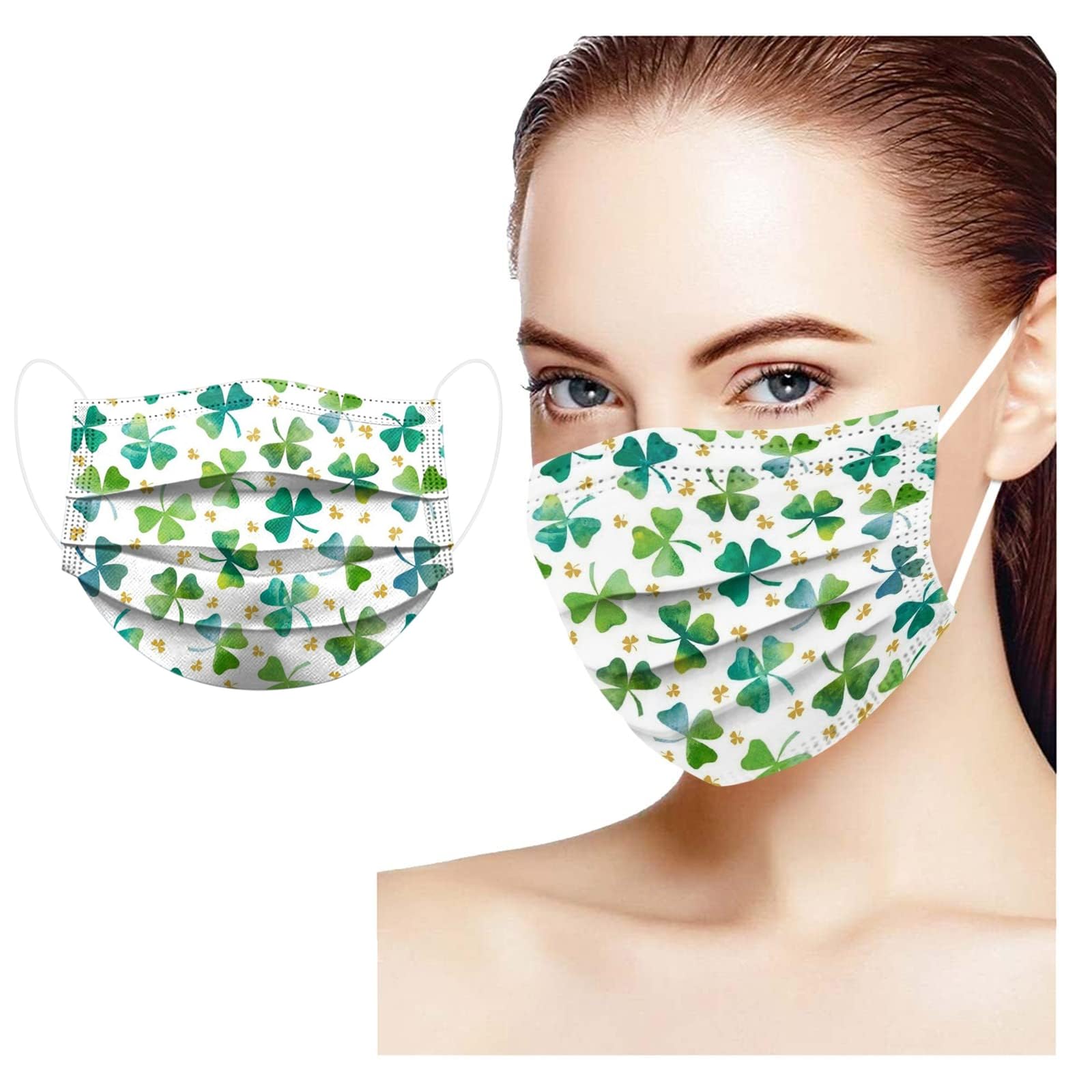 50 Pack St. Patrick's Day Disposable Face Mask, 3 Ply Stylish Shamrock Printed Mask for Adults Women Full Face Protection (Green)