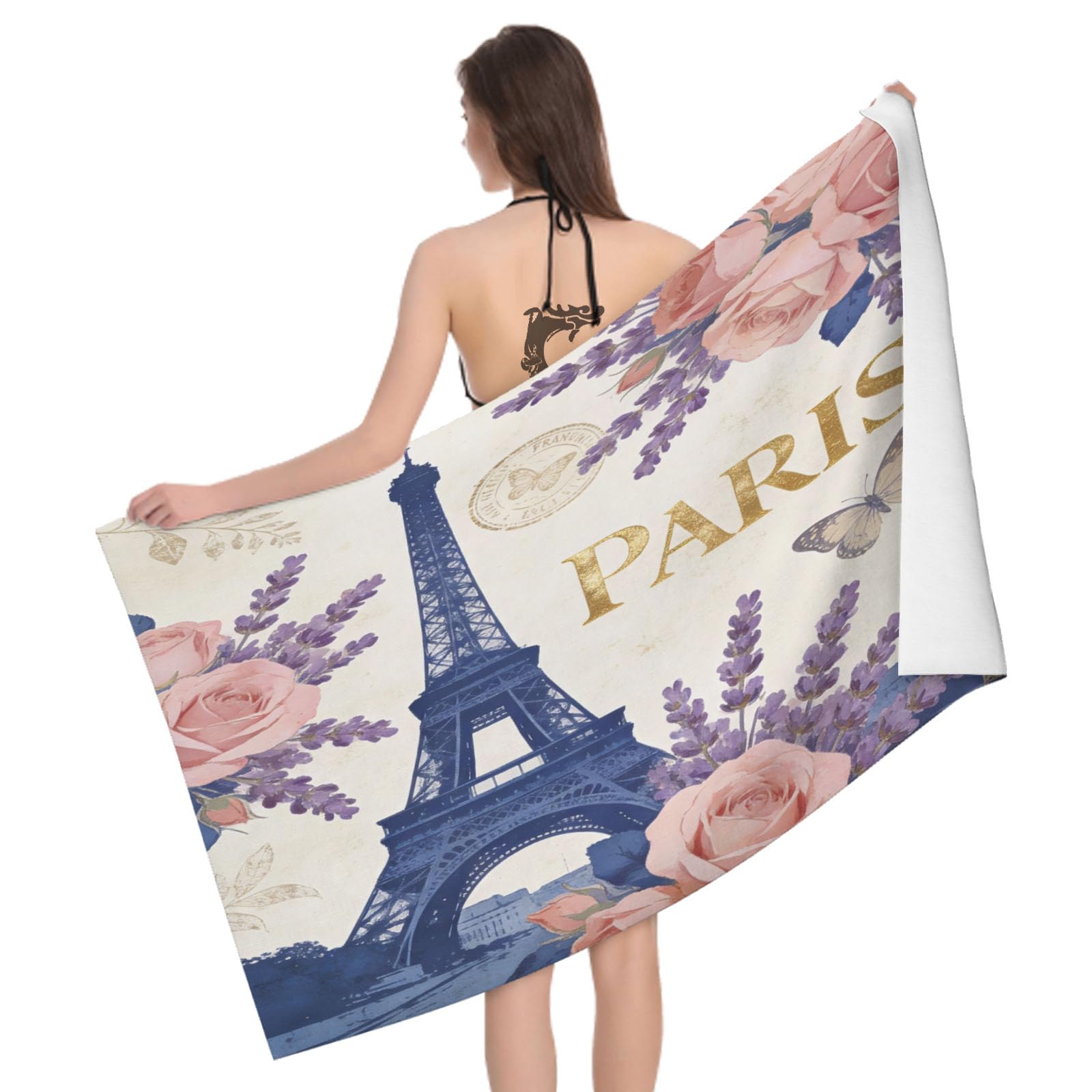 Leichong 3D Eiffel Tower Beach Towel Microfiber Soft Quick Dry for Adults, Retro Styled Bath Towel Lightweight Soft Absorbent for Travel Swimming Pool Sports, 75 x 150 cm