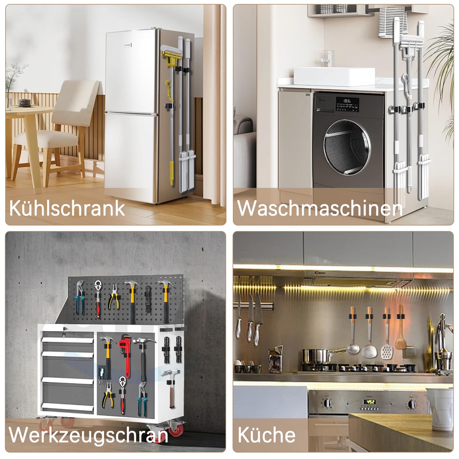 3-H 2 Stück Magnetischer Besenhalter, Edelstahl Gerätehalter Besenhalterung Wandaufhängung für Gartengeräte und Besen, mit 2X Magnetische Haken für Küche Badezimmer Garage Garten Zuhause, Silber