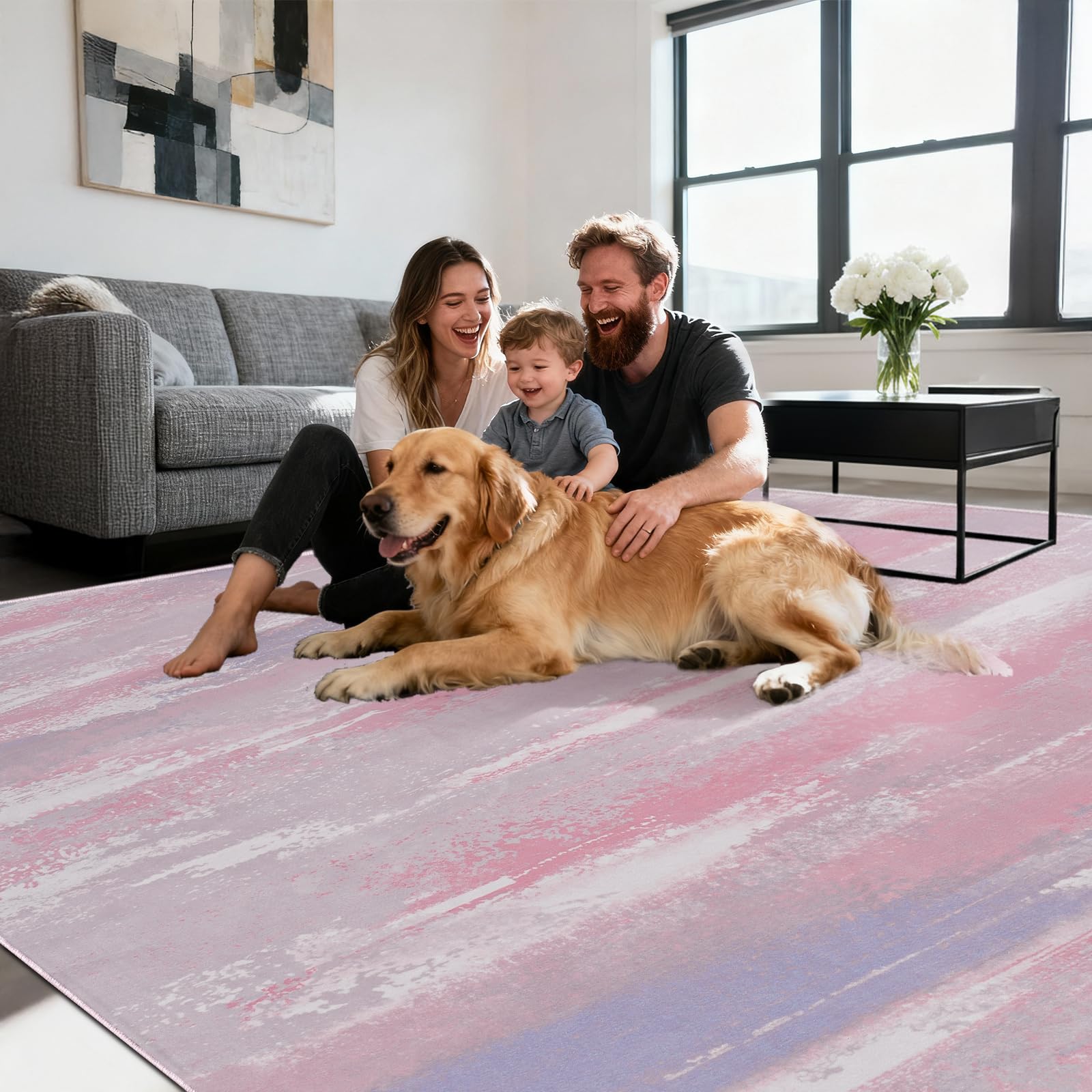 Teppich Rosa Wohnzimmer, Waschbarer Kurzflor Teppiche 160 x 230 cm Groß, Abstrakelte Farbige Gemälde, Abstraktion und Mode Farben Passen, Schlafzimmer, Esszimmer und Büro