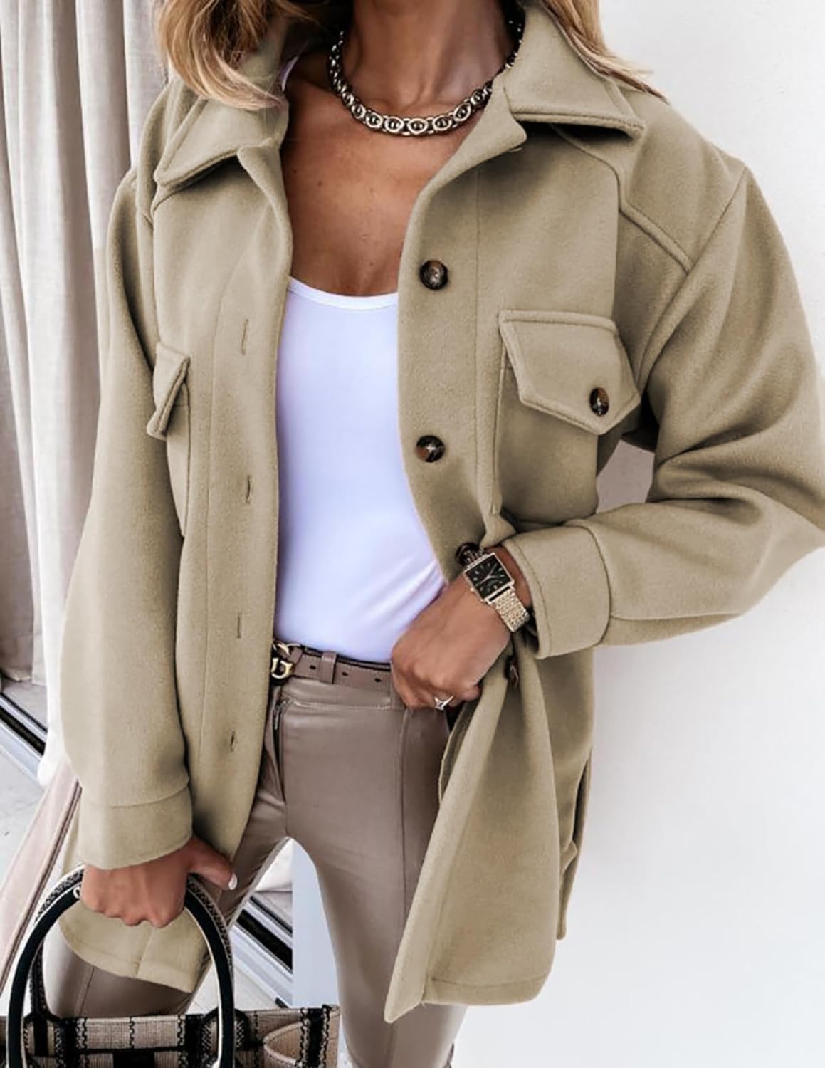 LIZALIG Womens Trench Coat Chocolate Brown Breasted Casual Outerwear with Belt Trendy Fall Fashion Pocket Button Down