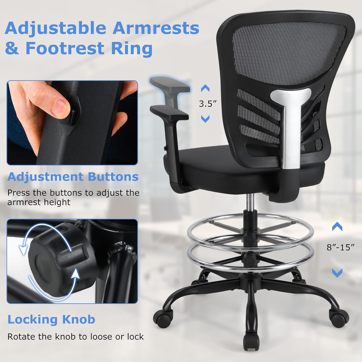 COSTWAY Tall Office Chair, Ergonomic Mesh Back Counter Height Standing Desk Chair w/Adjustable Footrest & Armrests, Rolling Height Adjustable Computer Drafting Chair for Home Office, Black