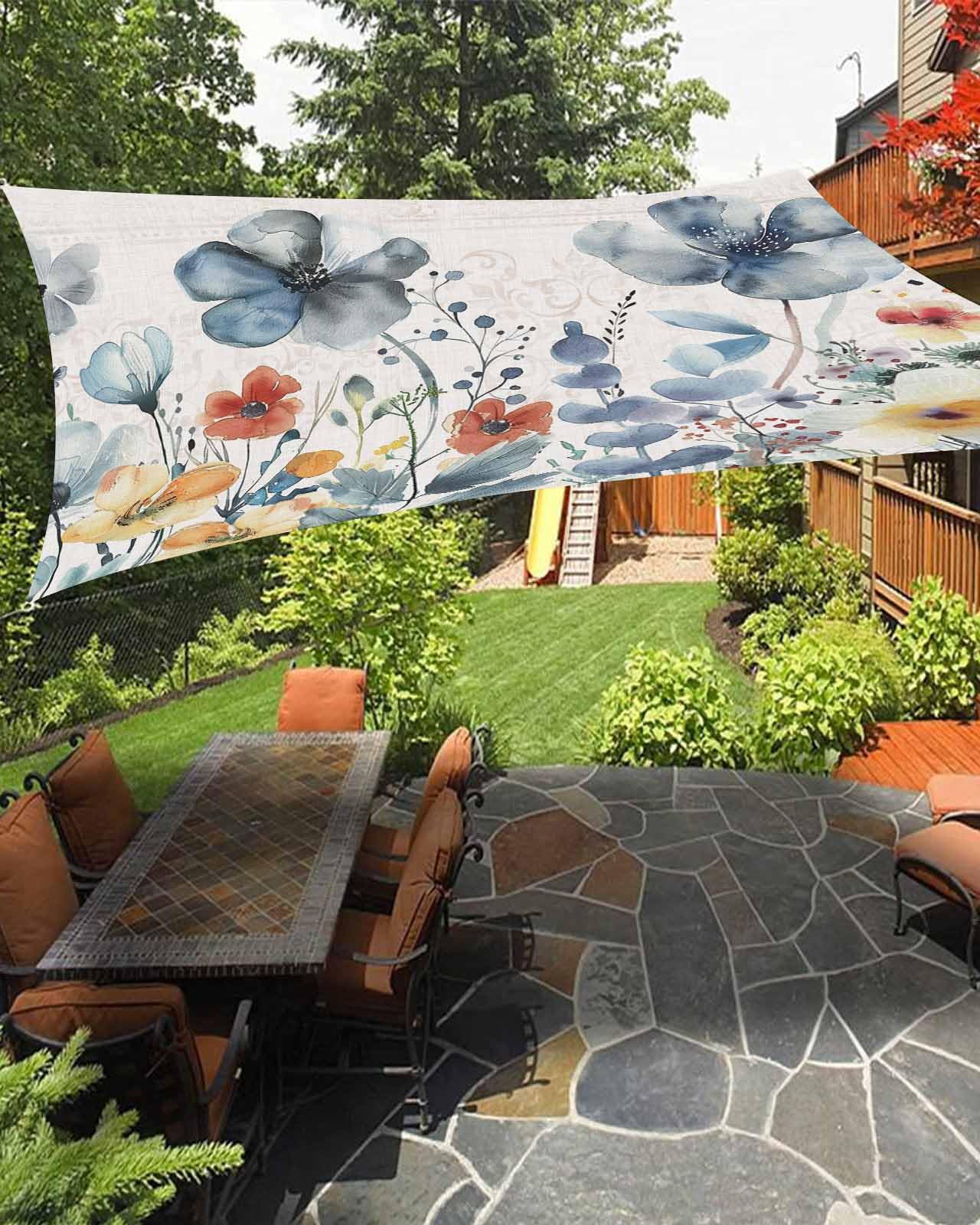 Sun Shade Sails Canopy 14x18 FT, Blue Watercolor Flowers Linen UV Protection Outdoor Shade Canopy, Rust Resistant Tear Patio Sail Shade for Sunshade Outdoor Patio Backyard Garden Decor