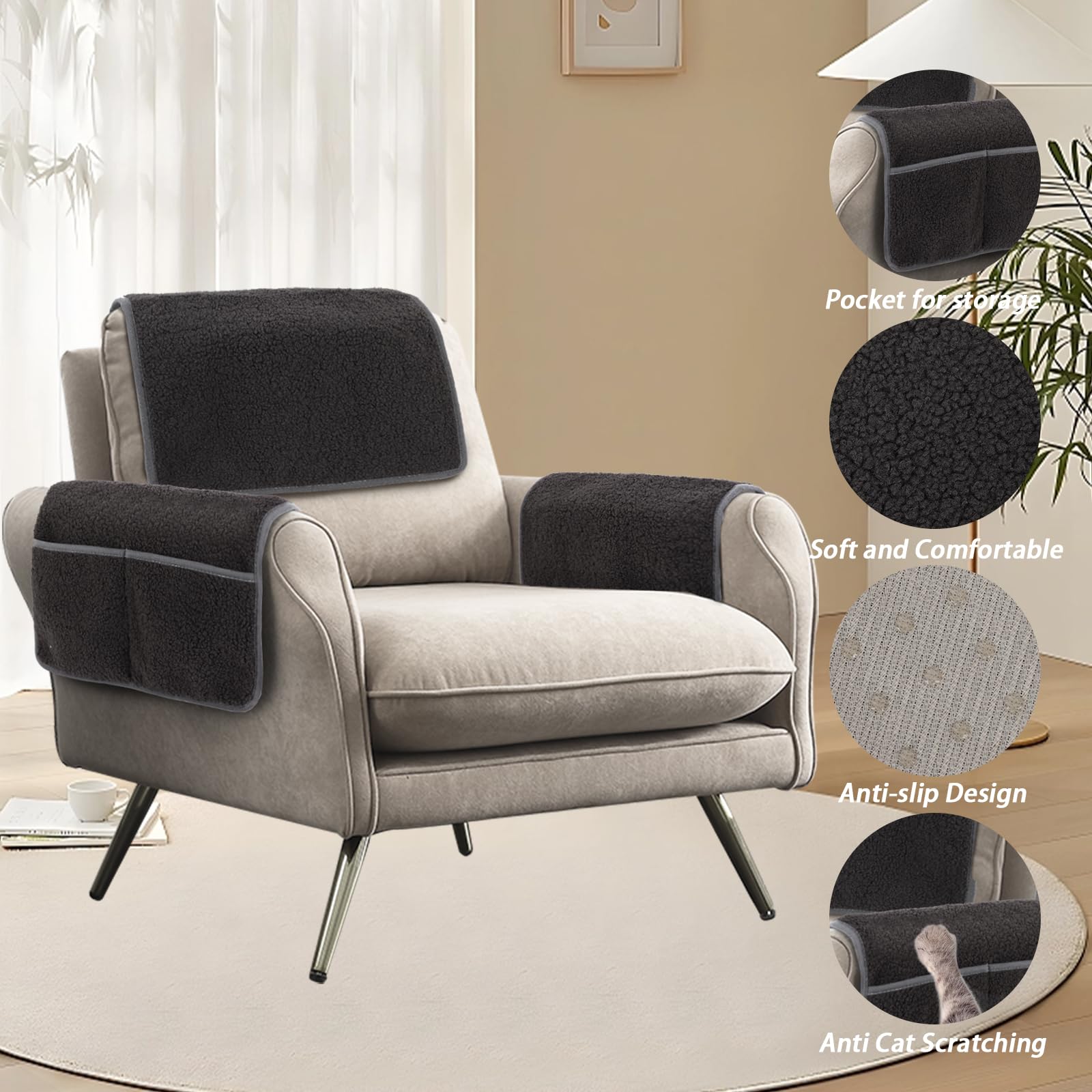 Niuoppy Armrest Cover, Headrest Cover for Recliner Sofa 3pcs Fleece Armchair Slipcover - Image 2