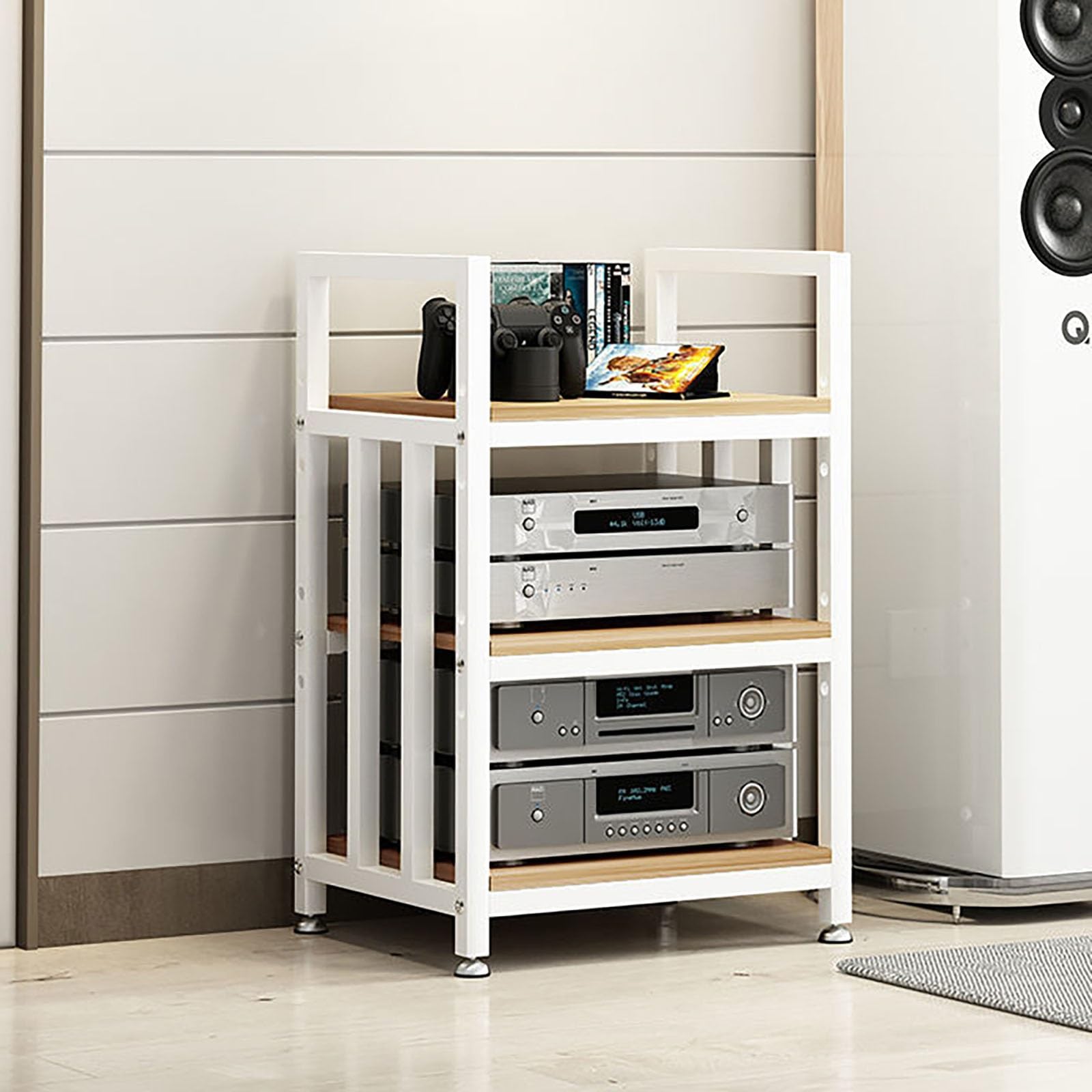 3.4.5-poziomowy stojak na media AV, regulowany stojak stereo na odtwarzacze CD i sprzęt audio, wielofunkcyjna szafka wideo z antypoślizgowymi nóżkami, nowoczesny design wieży w kolorze białym