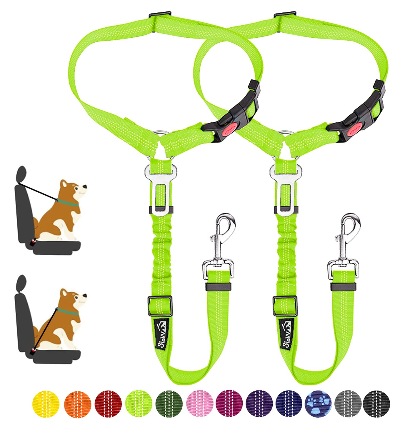 SlowTon Cinturón de seguridad para perros – Cinturón de seguridad 2 en 1 para mascotas, cinturón de seguridad reflectante ajustable para cachorros, arnés elástico para perros en el vehículo (lima,