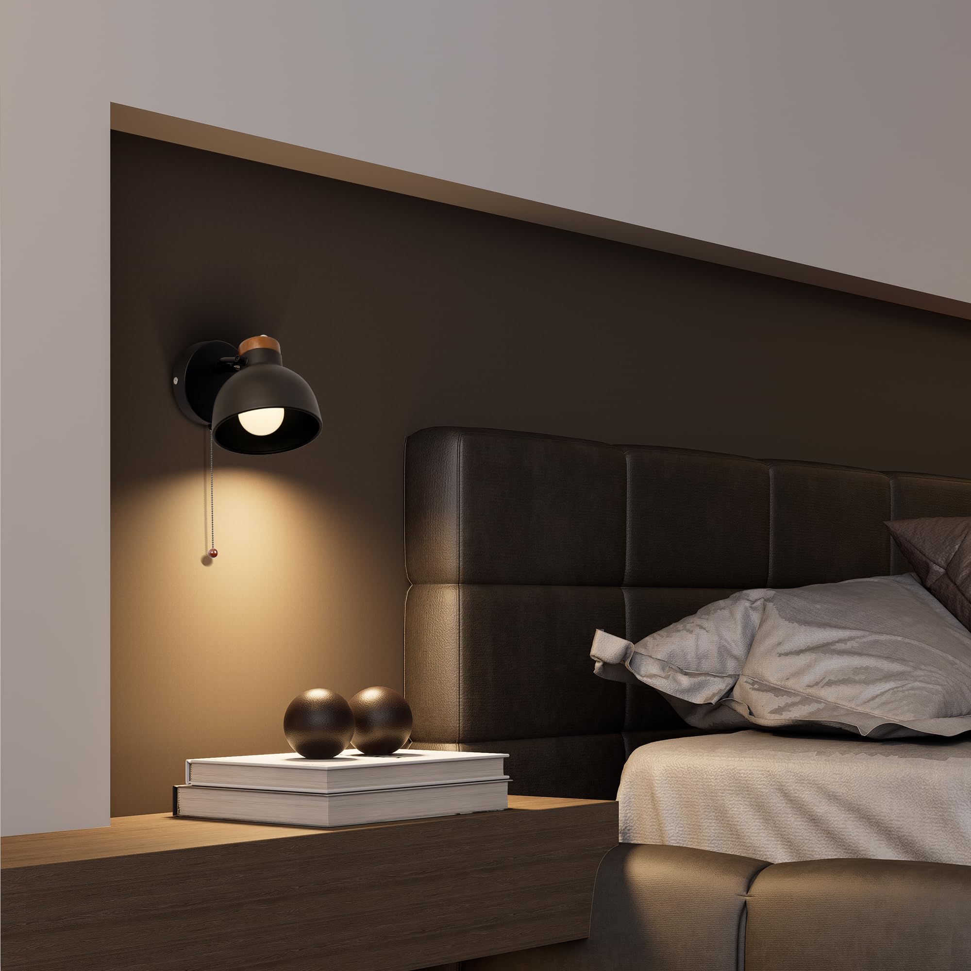 Aisilan Pull Cord Wall Light for Bedroom Adjustable Wooden & Metal Wall Lamp with Black Shade