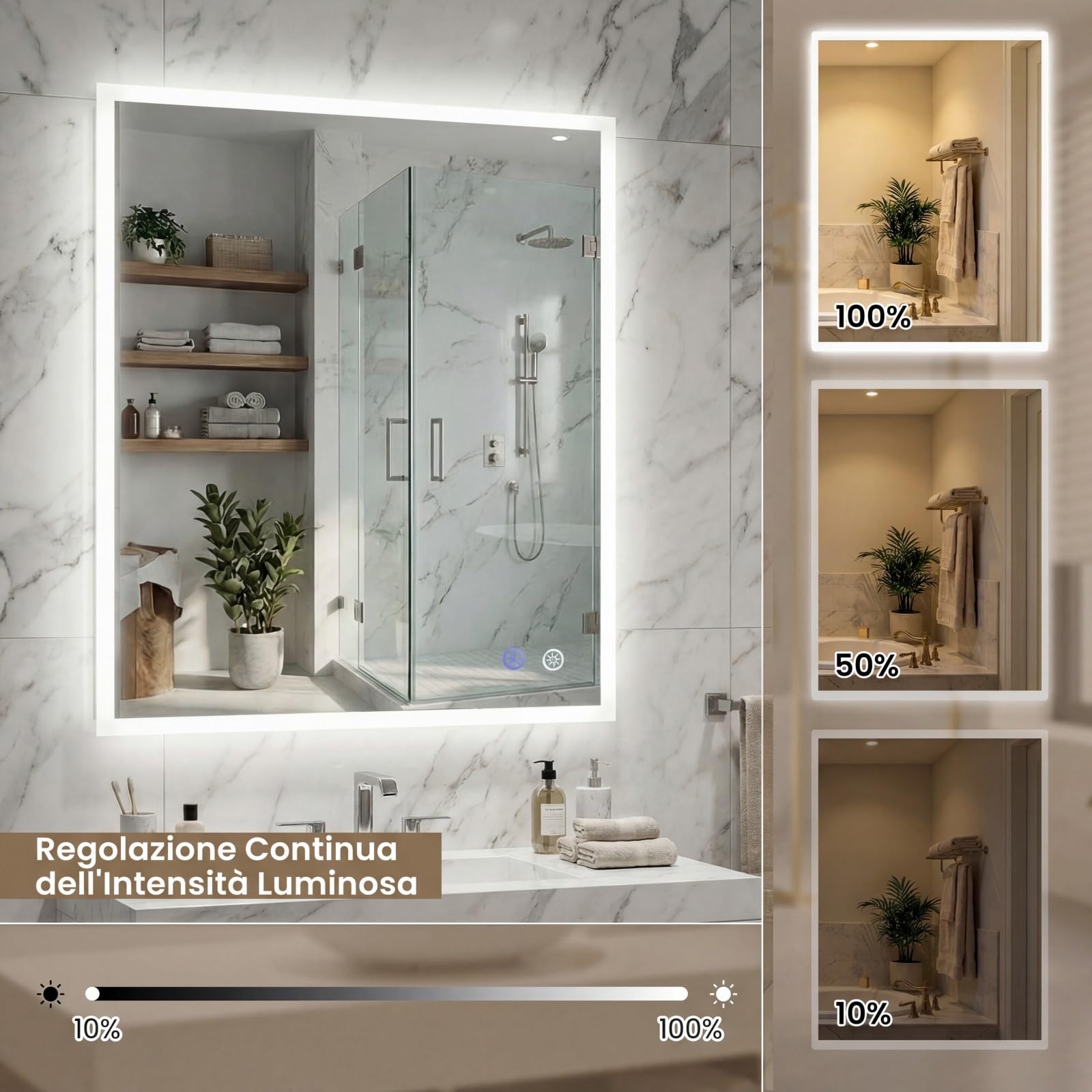 COSTWAY Specchio da Bagno LED 70 x 50 cm, Specchio da Parete Rettangolare con Anti-appannamento, Memoria, 3 Colori di Luce, Dimmerazione Continua e Vetro Temperato Infrangibile (70 x 50 x 3 cm)