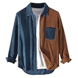 Mens Corduroy Shirt Patchwork Long Sleeve Button Down Flannel Shirt Shacket Fall Jacket Classic Casual Top