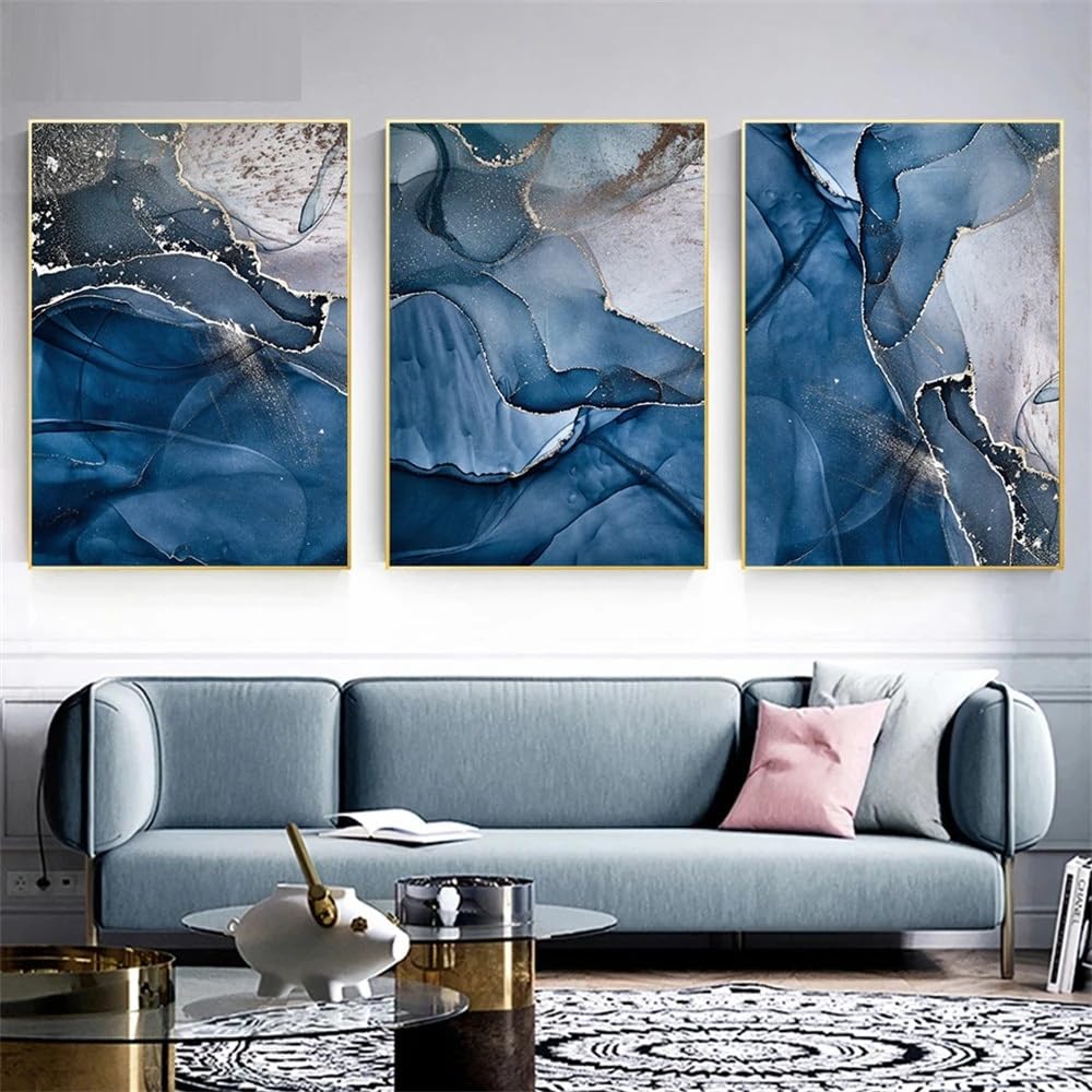 WUHBCZ Art Pictures-Modern Gold Foil Canvas Painting Blue Marble Wall Art Poster Abstract Print Nordic Wall Pictures Living Room Interior Kitchen Office Decoration-50 * 70cm/3PCS (No Frame)
