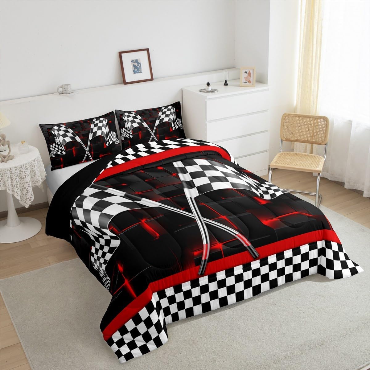 Erosebridal Boys Race Car Comforter Set King,Red Neon Lights Plaid Checkered Bedding Set for Kids Teens,Black and White Racing Car Flag Duvet Insert,Geometric 3D Grid Quilt Comforter